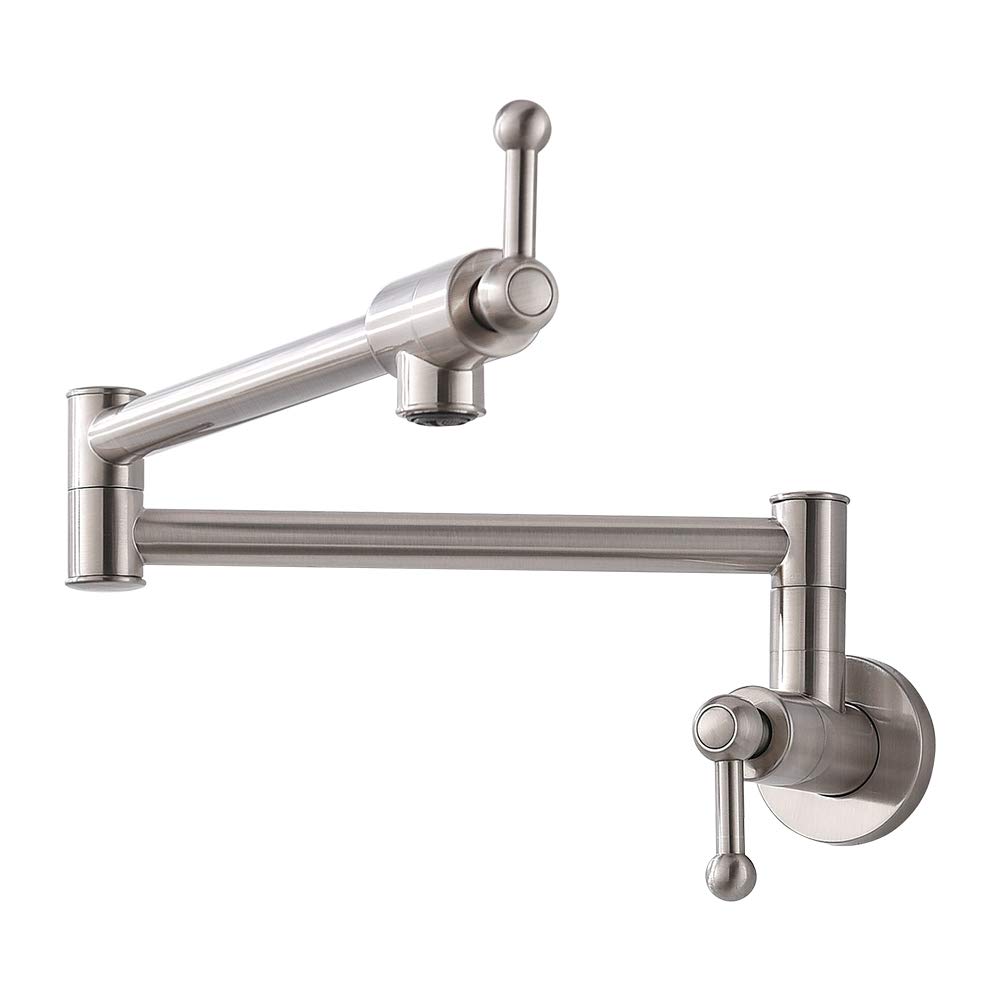 Brushed Nickel Wall Mount Pot Filler Faucet - Stainless Steel Commercial Kitchen Sink Faucet with Folding Stretchable Spout, Single Hole & Two Handles - Perfect for Restaurants, Home Kitchens & Bar Sinks