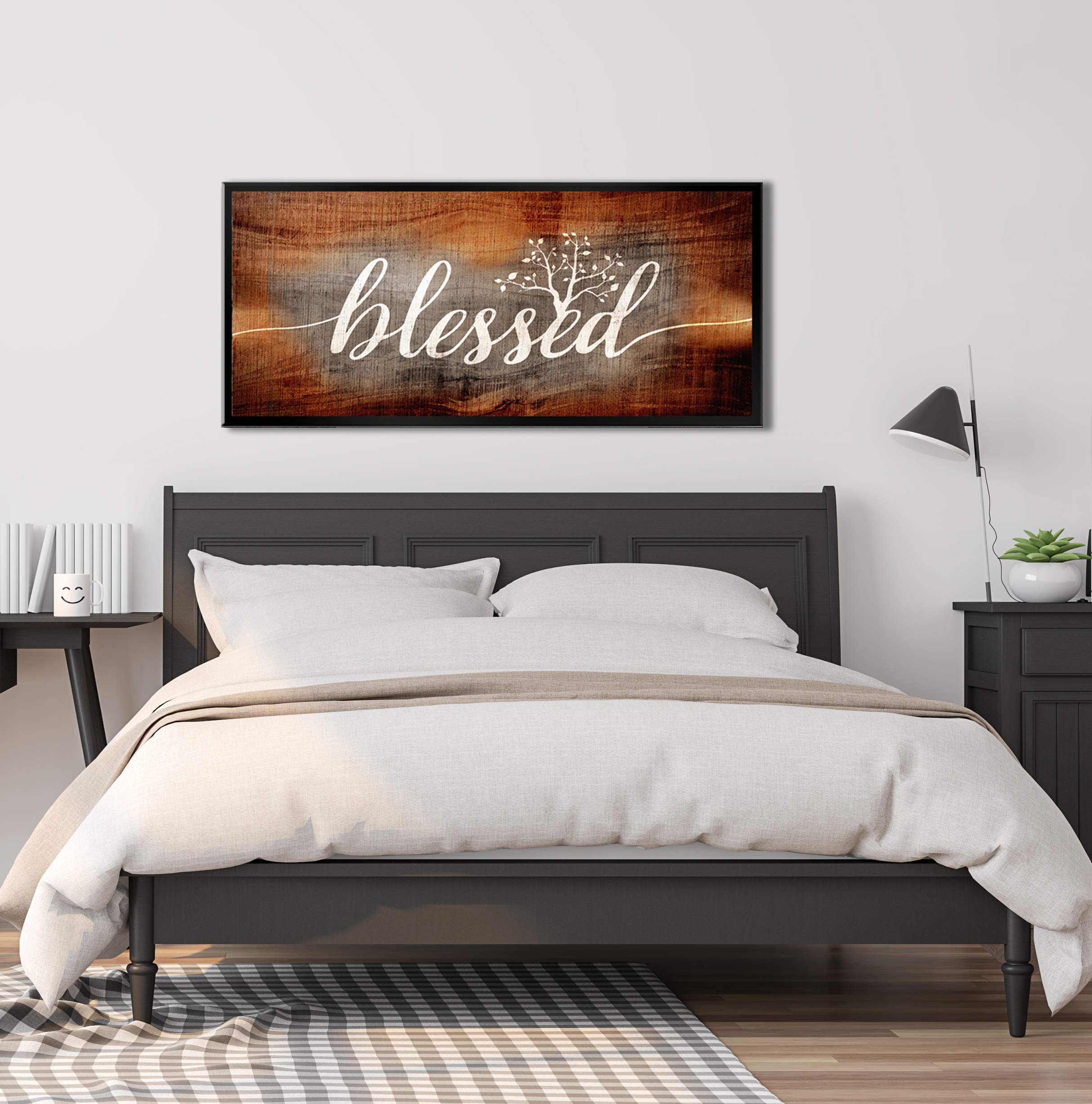 Blessed Christian Wall Art - Religious Home Decor with Floating Frame - Large 42x19 Inch Canvas Spiritual Wall Décor for Living Room, Bedroom & Church (Brown/Black)