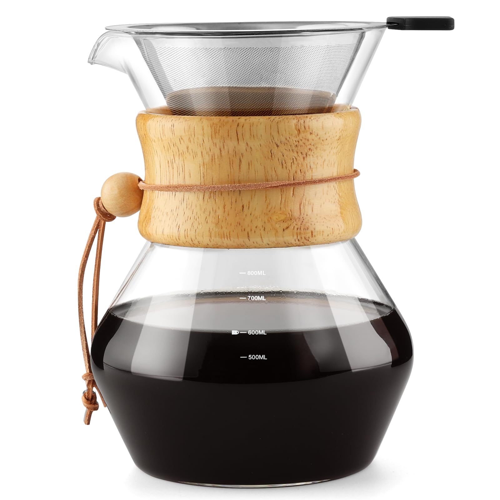 Premium Pour Over Coffee Maker with Double Layer Stainless Steel Filter - 28oz/800ml Glass Coffee Dripper Brewer, Heat Resistant Carafe & Wooden Collar - Perfect for Home, Office, Camping & Gift Giving