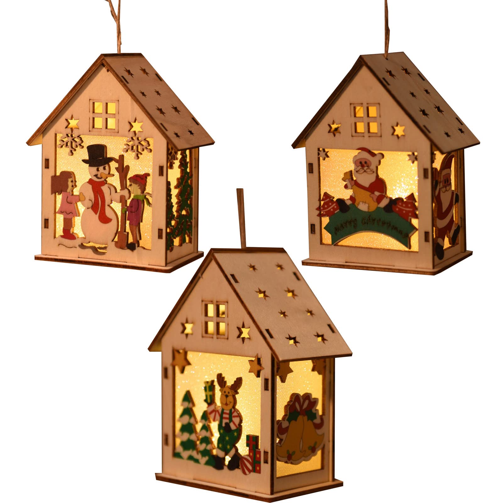 Nordic Style Wooden Luminous Christmas House Decor Set - Santa Claus, Snowman & Elk Cottage for Indoor Outdoor Holiday Decorations (3-Piece) | Perfect for Christmas Tree, Mantel, Yard & Party Decor