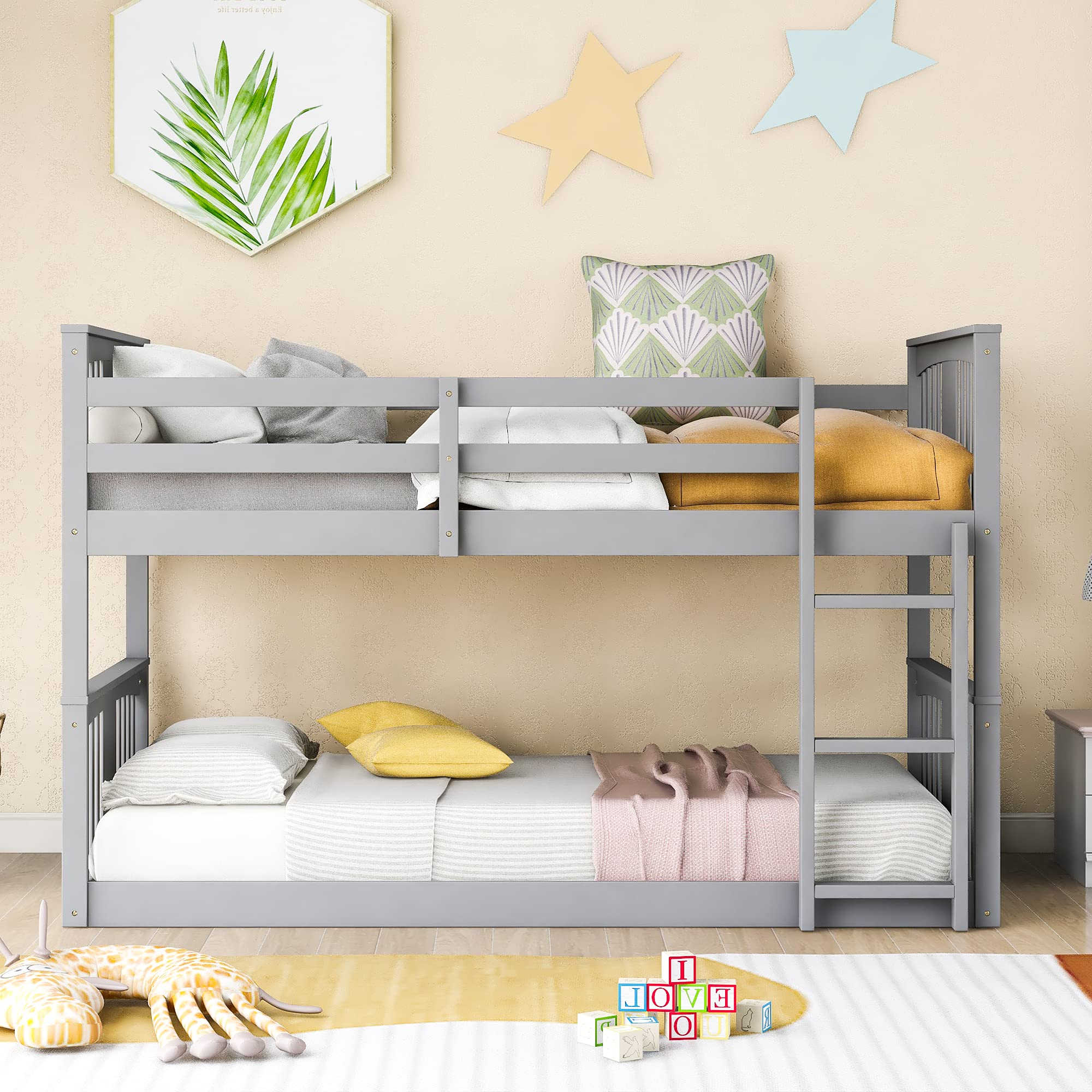 LZ LEISURE ZONE Twin Over Twin Wooden Bunk Bed with Ladder - Space-Saving Grey Twin Size Bunk Bed for Kids & Teens - No Box Spring Needed - Perfect for Small Bedrooms, Guest Rooms & Vacation Homes