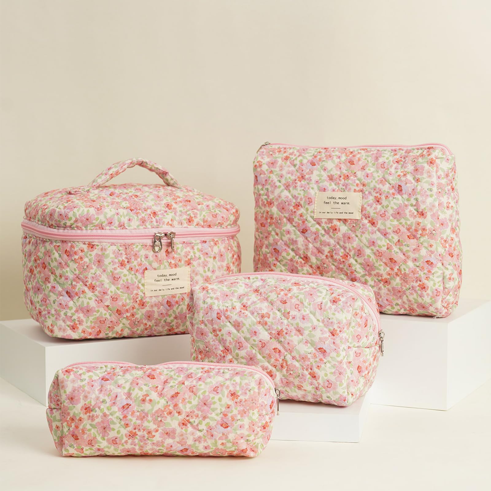 4Pcs Quilted Makeup Bag Set - Cute Floral Cosmetic Organizer, Cotton Travel Toiletry Bag for Women & Girls | Perfect for Travel, Gym, and Daily Beauty Storage