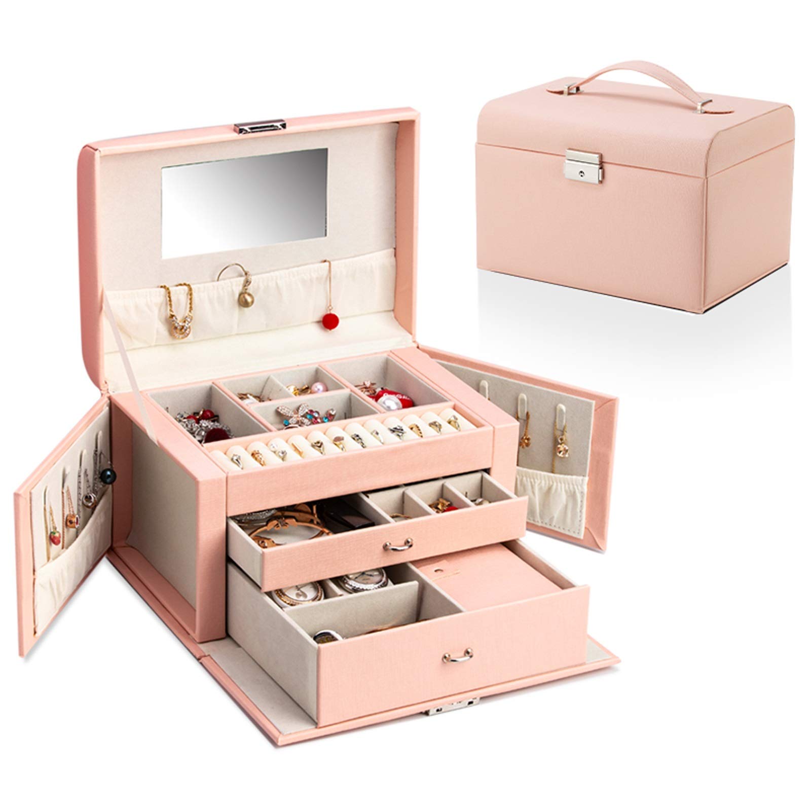 Vintage Faux Leather Jewelry Organizer Box - Cross Pattern Jewelry Storage for Rings, Necklaces, Earrings & Brooches - Perfect Gift for Women (Black/Medium, Pink/Large) - Ideal for Travel, Home Decor & Gift Giving