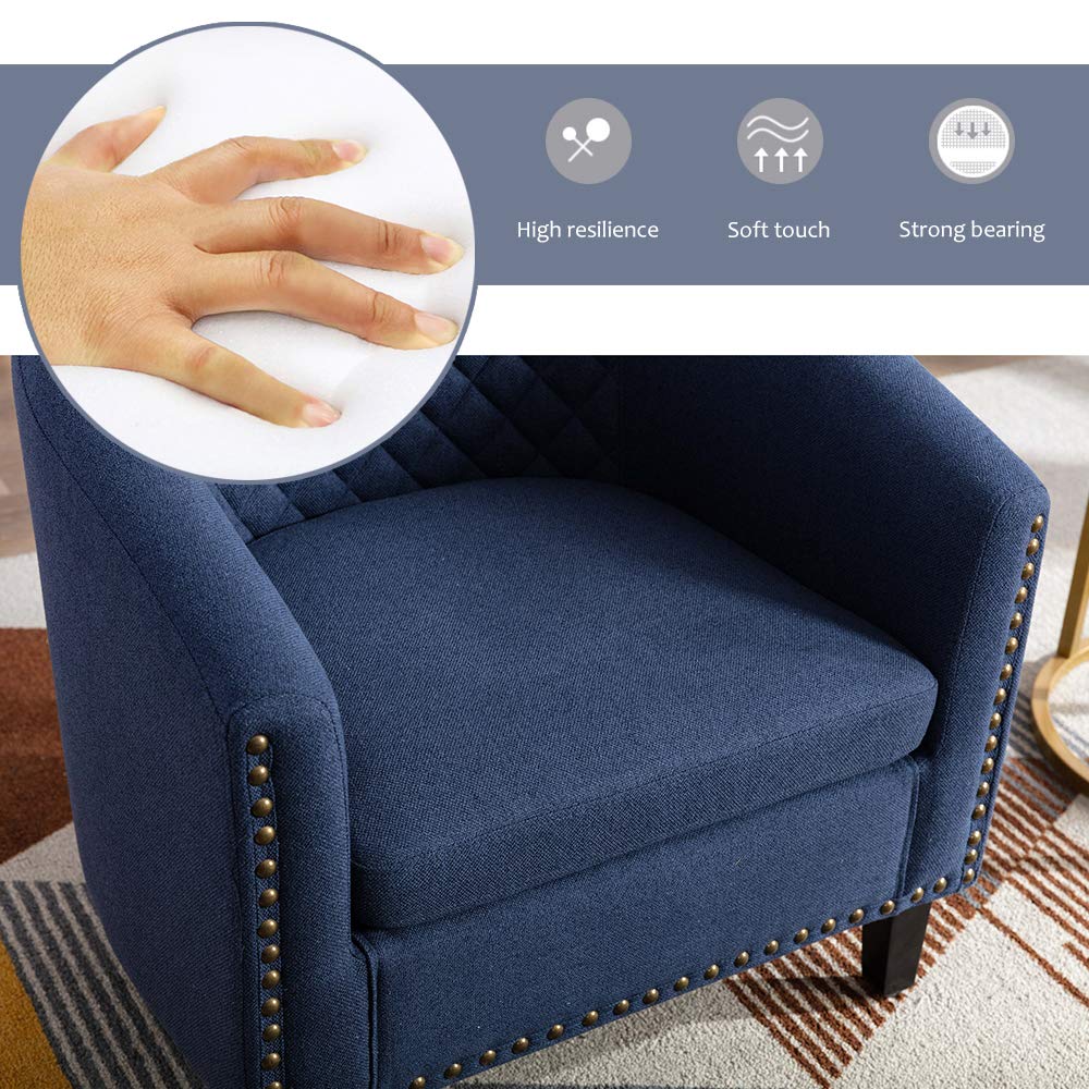 SSLine Classic Upholstered Accent Armchair - Soft Linen Fabric Barrel Club Chair with Solid Wood Legs & Nailhead Trim - Navy Blue Living Room Sofa, Office Guest Chair, Bedroom Seating - Comfortable Single Seater for Home Decor