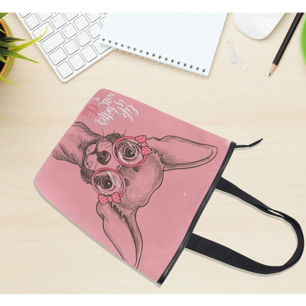 Stylish Pink Chihuahua Dog Print Canvas Tote Bag with Bow, Glasses & Star Heart Design - Reusable Zippered Shoulder Handbag for Women & Girls | Perfect for Grocery Shopping, Beach Trips & Casual Outings