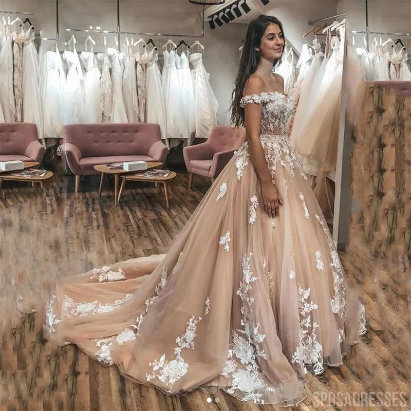 Elegant Off Shoulder Lace Applique Wedding Dress WD646 - Affordable Bridal Gowns for Beach, Church & Garden Weddings