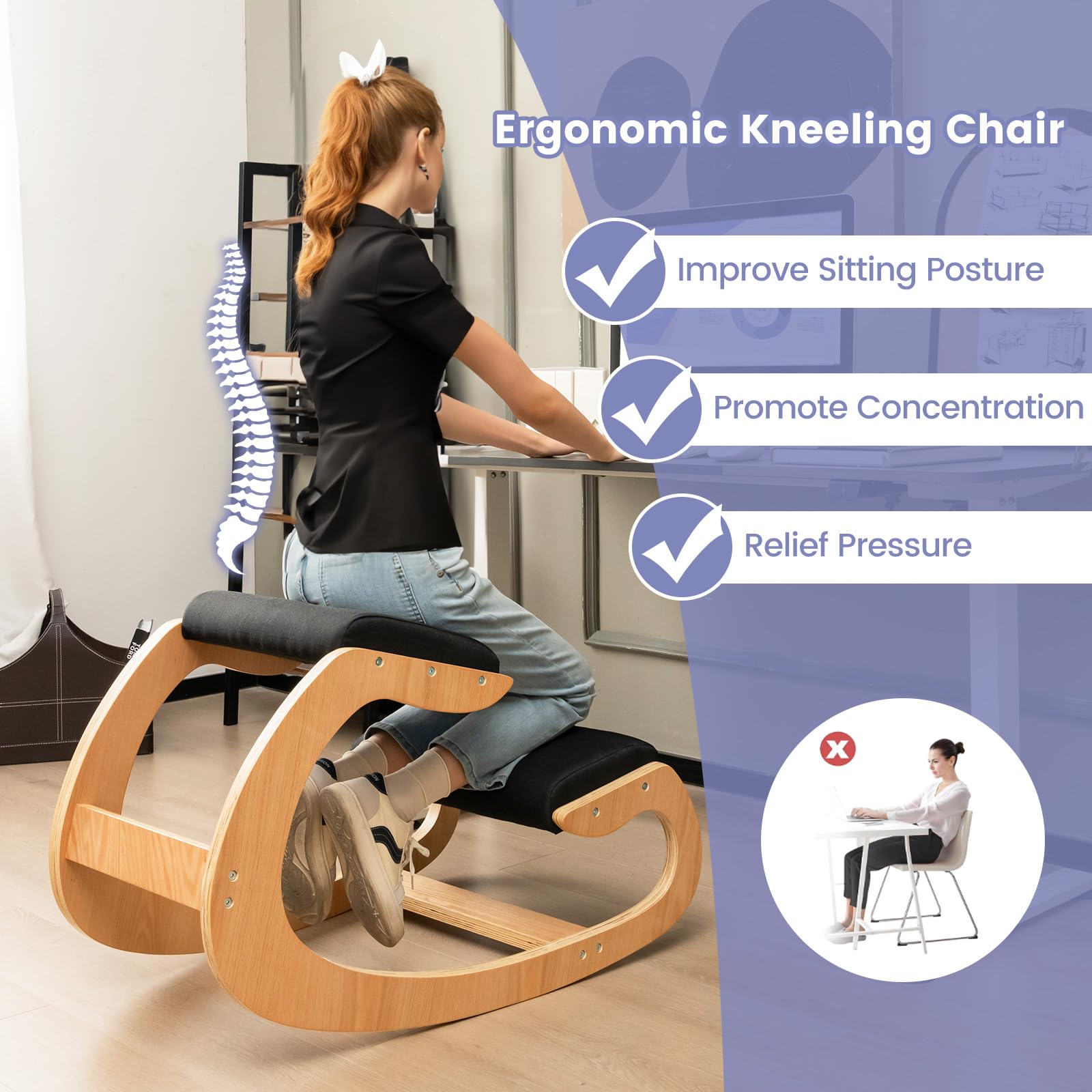 GOFLAME Ergonomic Kneeling Chair - Adjustable Wooden Rocking Knee Chair with Thick Padded Seat Cushion & Knee Support - Posture Corrector for Home Office, Meditation & Reading - Relieves Back Pain & Improves Sitting Posture (Black)