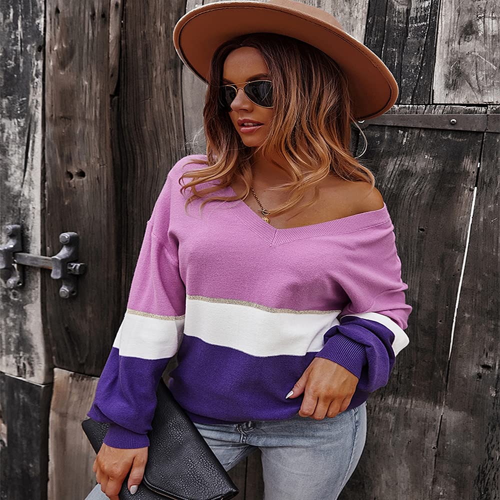 Women's Casual Knit Long Sleeve V-Neck Color Block Stripe Pullover Sweater Shirt Tunic - Comfortable Fall & Winter Layering Top for Work, Date Night and Weekend Outfits