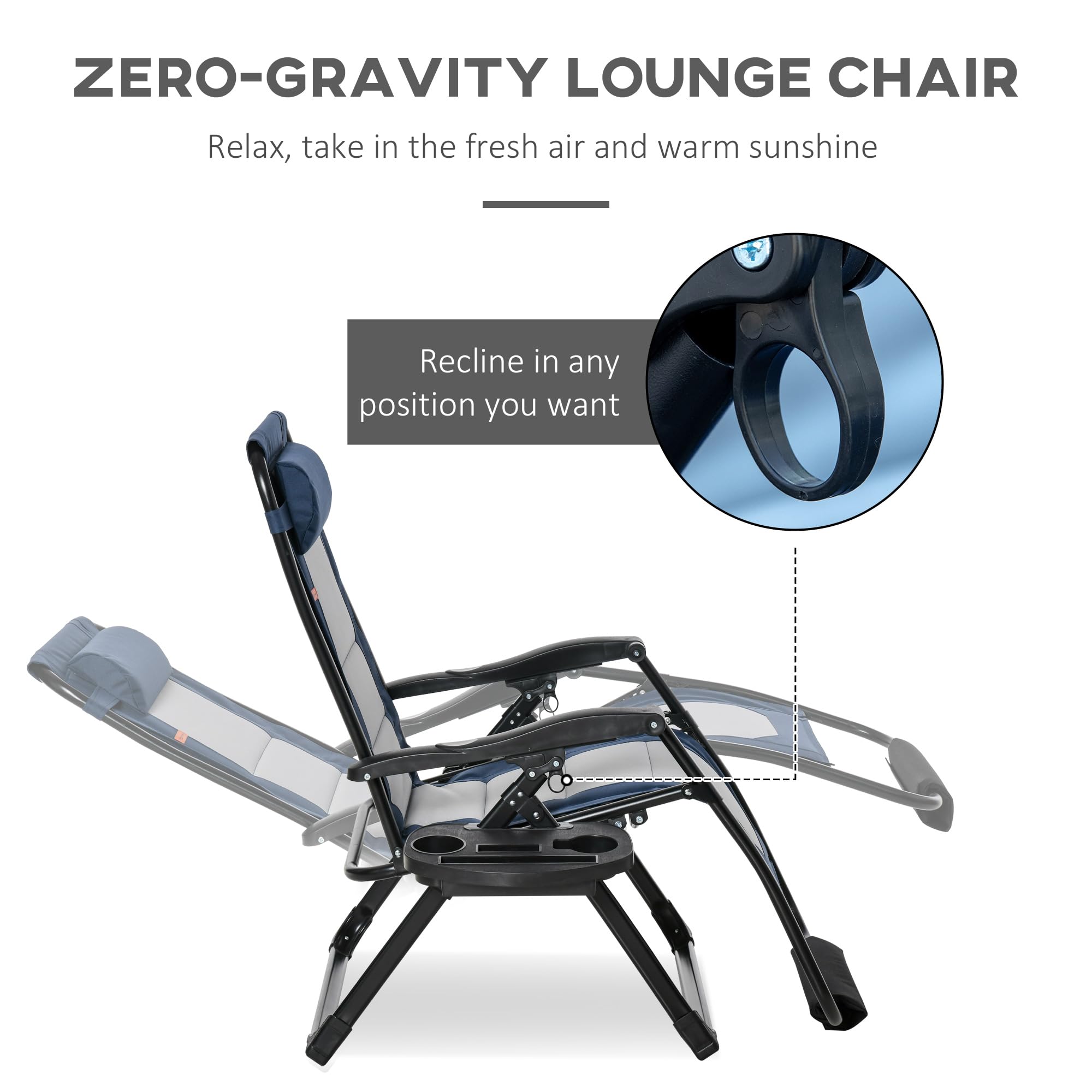 Outsunny Oversized Zero Gravity Lounge Chair with Footrest & Headrest - Foldable Outdoor Recliner with Side Tray, Cup Holders & Padded Armrests - Perfect for Camping, Backyard, Patio, Beach & Pool Relaxation - Blue