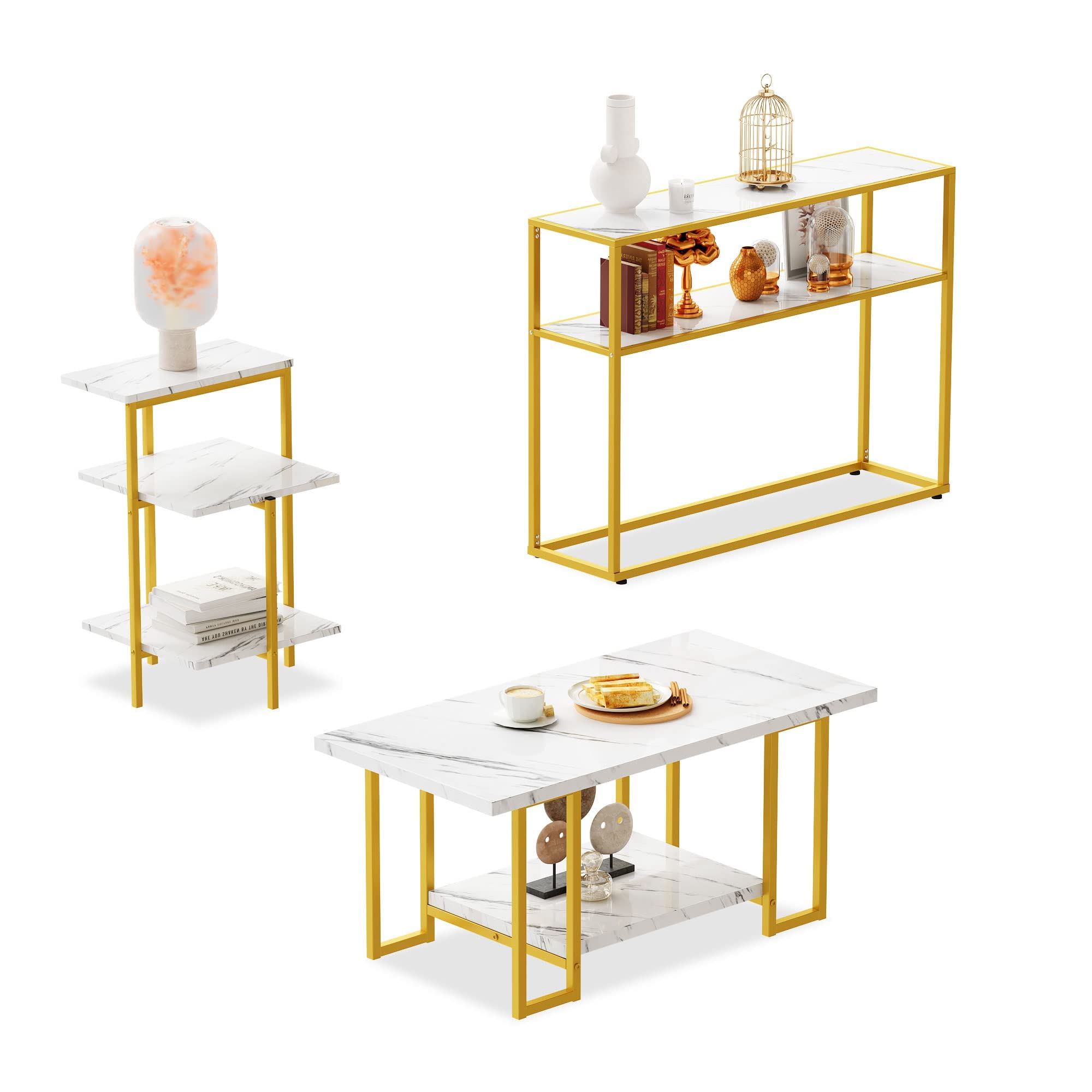 MIERES Faux Marble Coffee Table Set of 3 - Modern White & Gold Nesting Tables with Storage Shelves & Metal Frame for Living Room, Bedroom, Small Spaces | Easy Assembly | Perfect for Coffee, Books & Decor