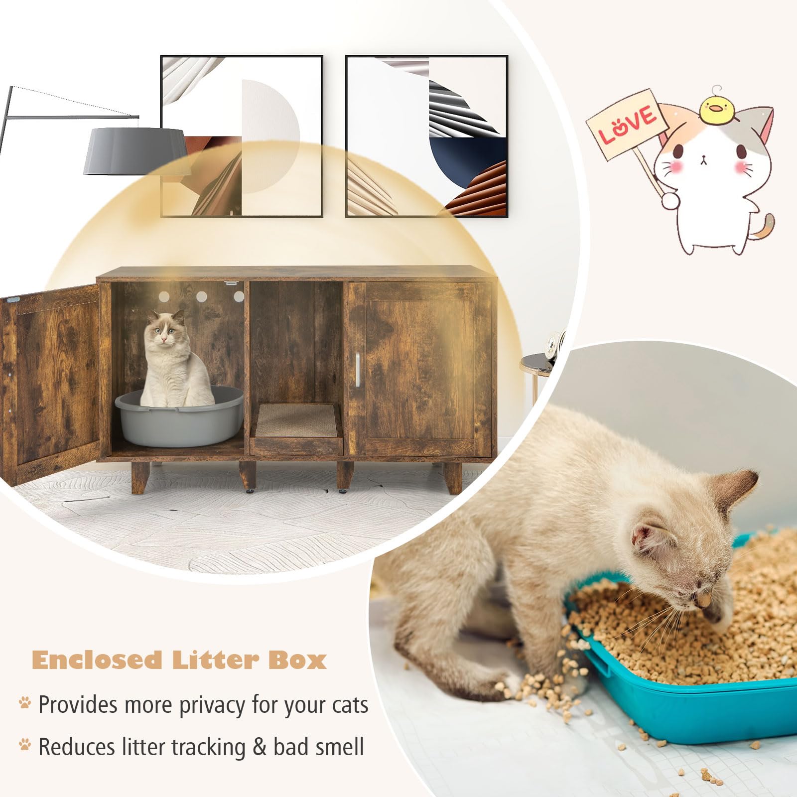 Tangkula Double Cat Litter Box Enclosure for 2 Cats - Large Stackable Hidden Litter Box Cabinet with Scratching Board - Rustic Brown Cat Furniture for Indoor Use | Perfect for Living Room, Bedroom or Home Office Concealment
