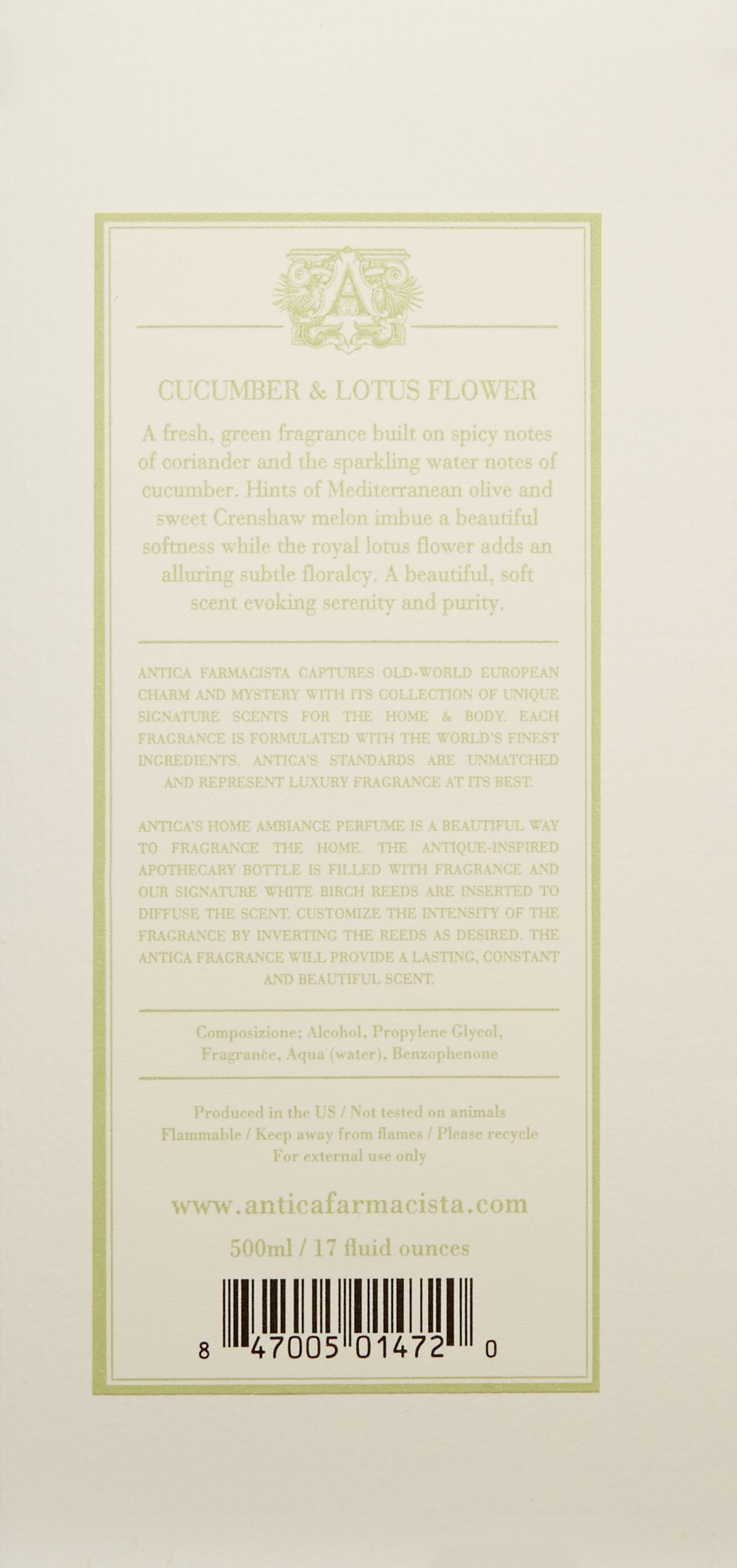 Antica Farmacista Luxury Home Ambiance Diffuser - Cucumber & Lotus Flower Scent - 16.9 Fl Oz Aromatherapy Oil Diffuser for Living Room, Bedroom, Spa and Office Relaxation