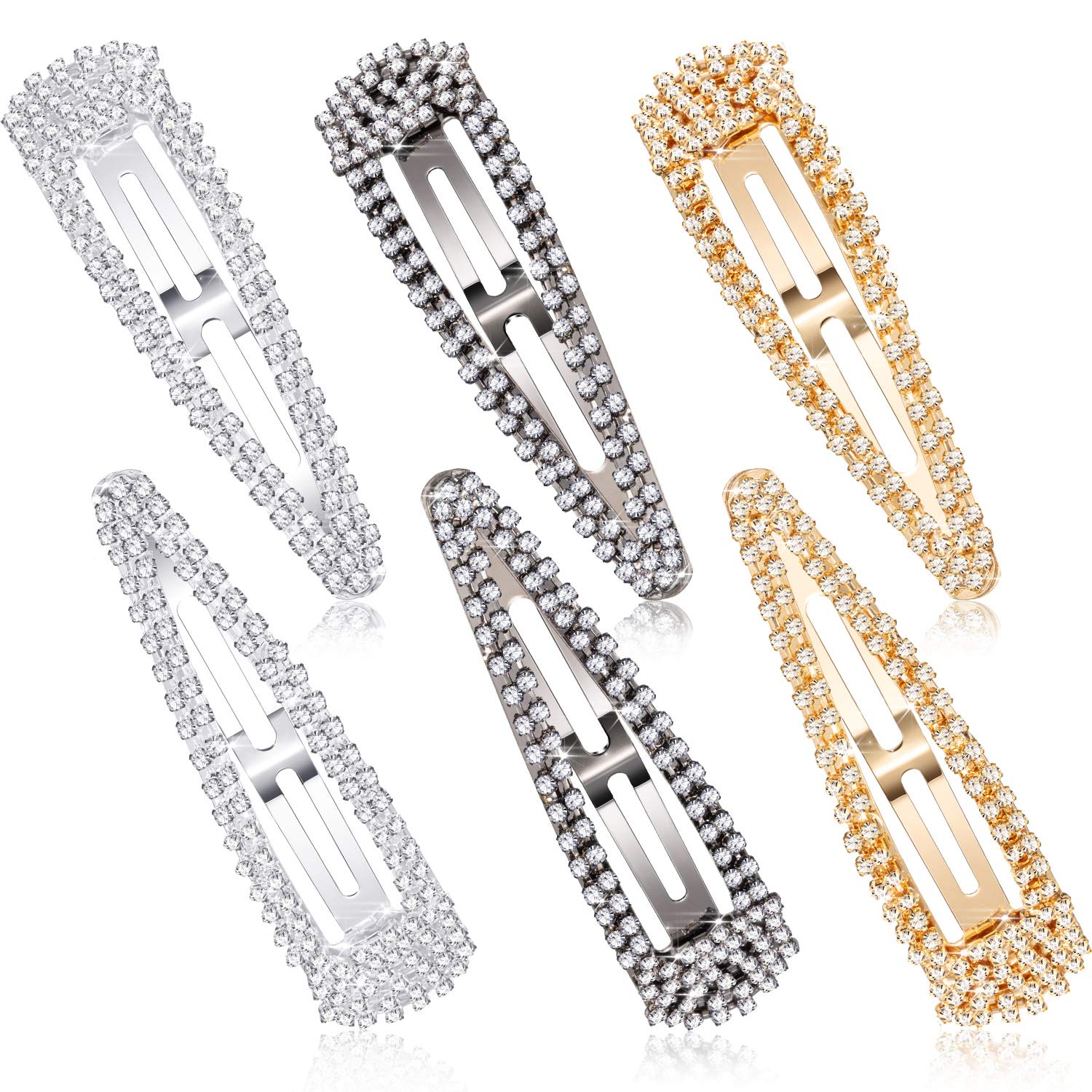 6-Piece Rhinestone Hair Clips Set - 3 Inch Snap Barrettes for Women & Girls - Wedding Bridal Hair Accessories in Black, Silver & Gold - Perfect for Parties, Prom & Special Occasions