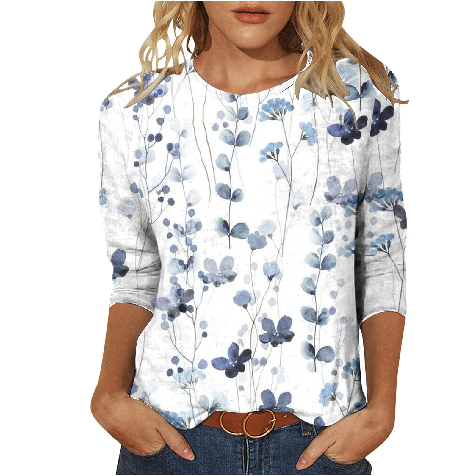 Women's Printed 3/4 Sleeve Crewneck Tunic Blouse - Loose Fit Casual & Dressy Shirt for Work, Office & Everyday Wear | Comfortable Three Quarter Sleeve Tops for Women