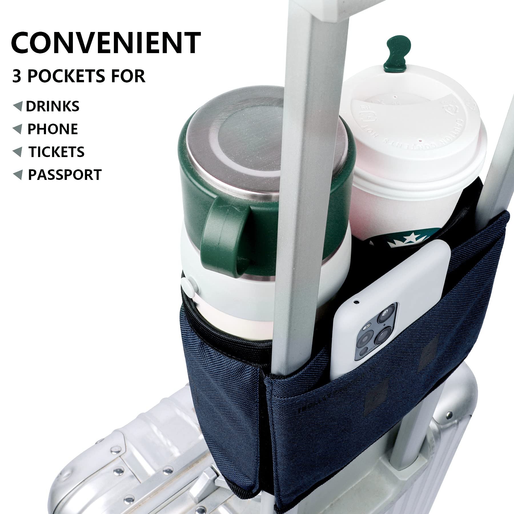 Riemot Luggage Travel Cup Holder - Hands-Free Drink Carrier for Suitcases - Holds 2 Coffee Mugs - Fits Roll-On Suitcase Handles - Perfect Gift for Flight Attendants & Travelers - Navy Blue - Ideal for Airports, Commuting & Road Trips