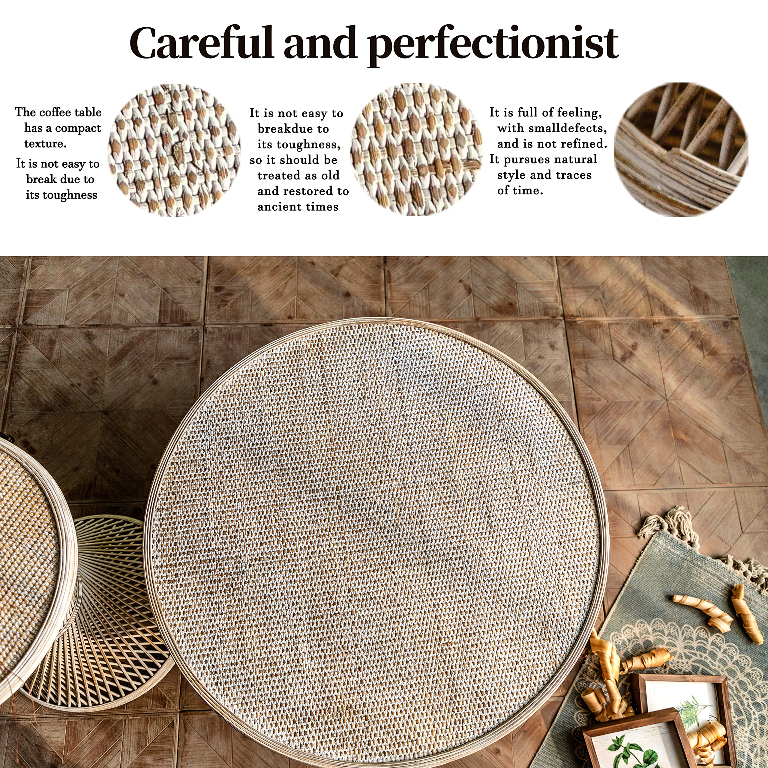 Round Rattan Coffee Table - Natural Woven Rattan End Table for Living Room, Patio, or Indoor Decor - Perfect for Coffee, Books, and Plants (Table Only)