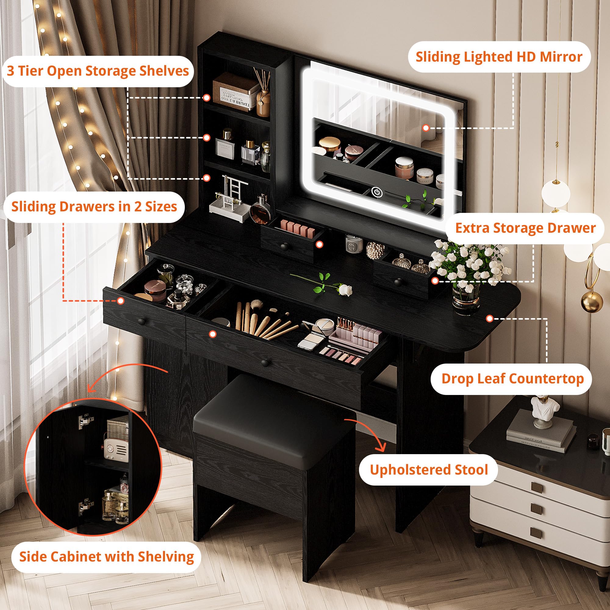 LIKIMIO Vanity Desk Set with LED Lighted Mirror, 3 Drawers & Power Outlet - Modern Black Makeup Dressing Table with Storage Stool - Perfect for Bedroom, Dorm Room & Beauty Salon Organization