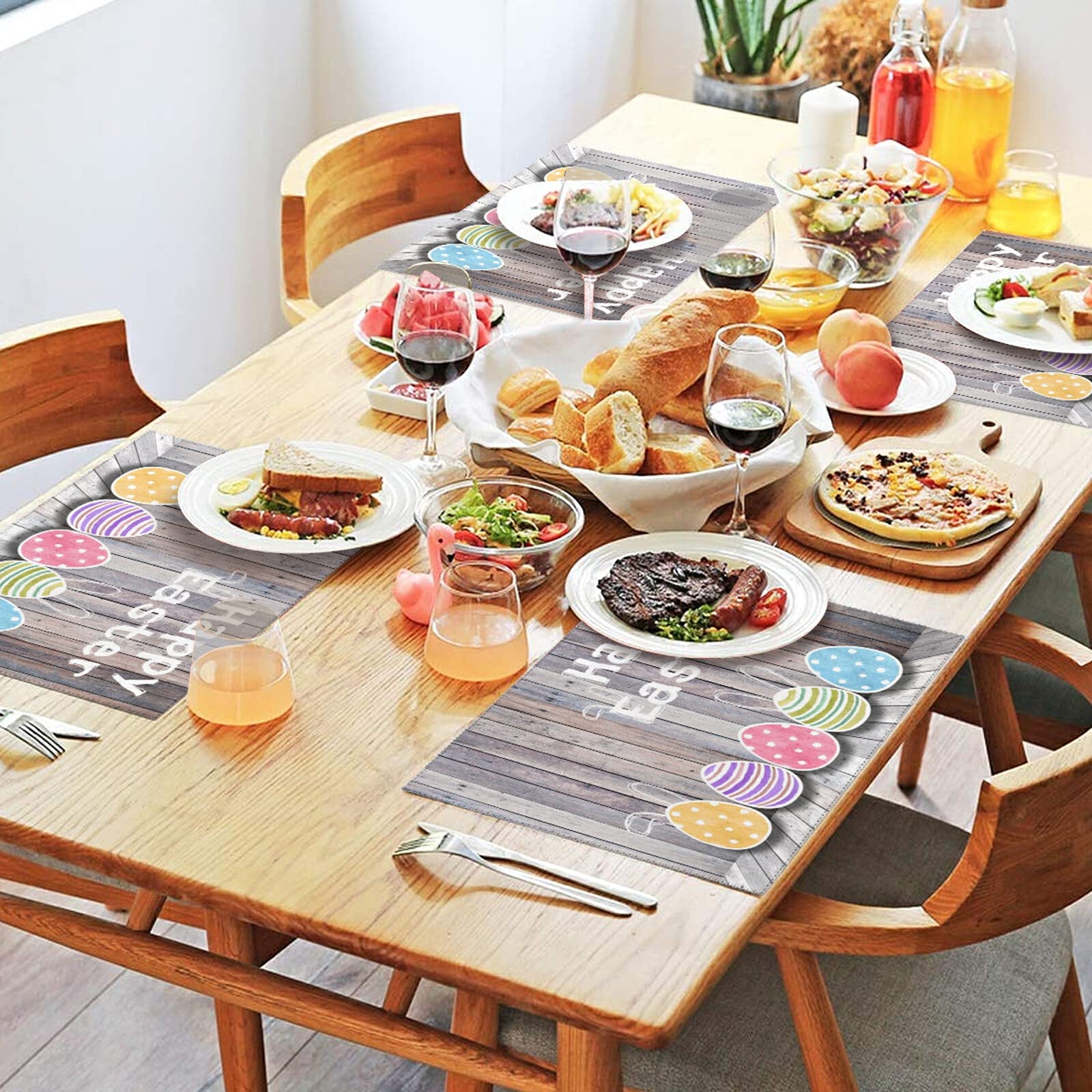 Easter Placemats Set of 4 - Non-Slip Wooden Easter Egg Design, Heat-Resistant & Washable Table Mats for Kitchen Dining - 12