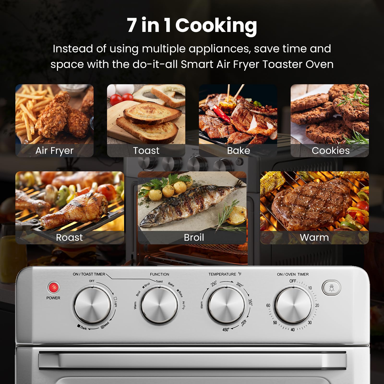 SIMOE 7-in-1 Retro Air Fryer Toaster Oven Combo - 19QT Large Capacity Convection Oven with 360° Even Heating, 5 Accessories & Recipe Book - Perfect for Family Cooking, Baking, Roasting & Healthy Meals (Sliver)