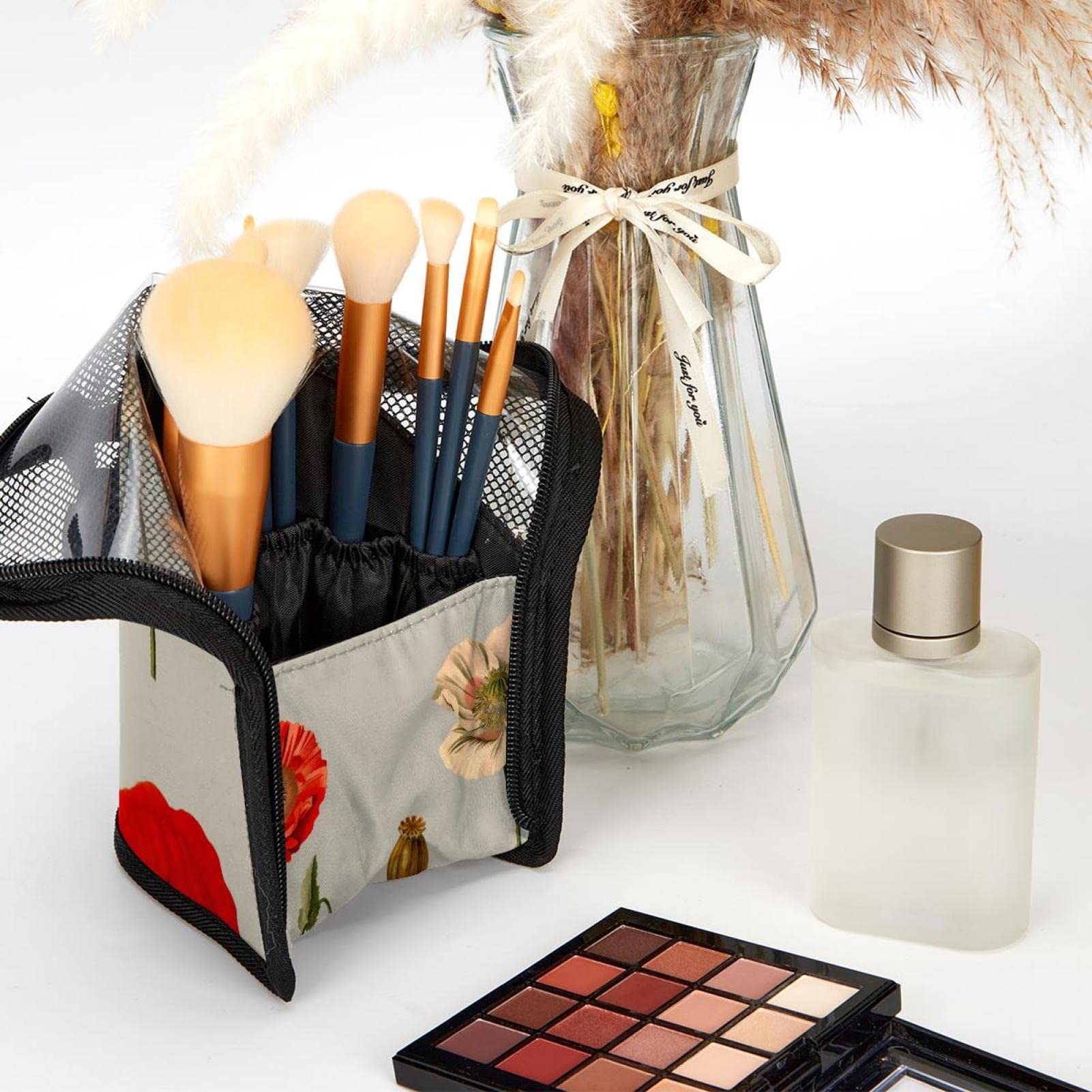 12-Piece Makeup Brush Organizer Bag with Poppy Flowers Design - Portable Cosmetic Brush Holder Case for Travel & Home Storage
