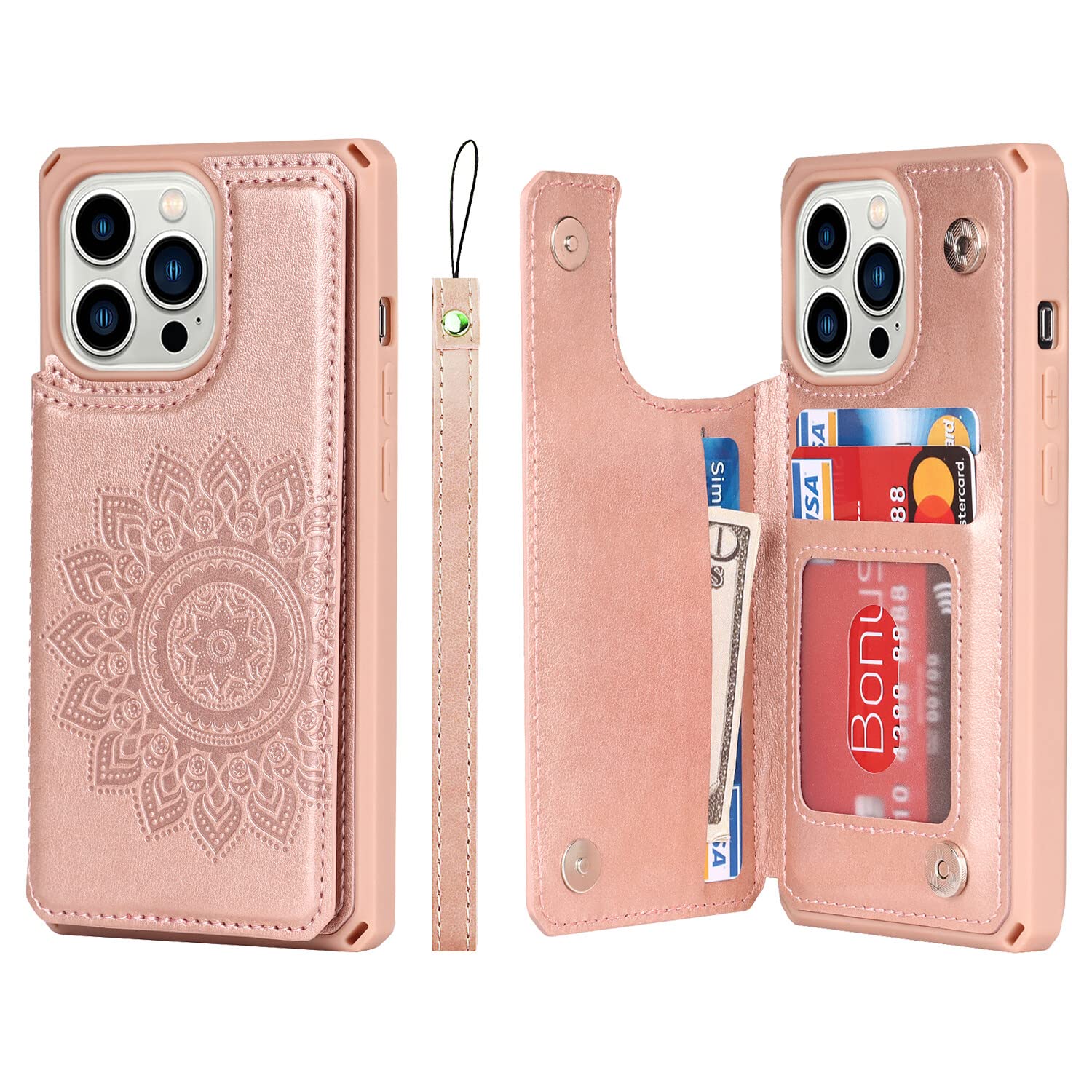 Premium Leather Wallet Case for iPhone 13 Pro Max with Card Holder & Stand - Shockproof Protective Phone Cover with Strap for Men & Women (Rose Gold) - Perfect for Daily Commute, Travel & Hands-Free Use