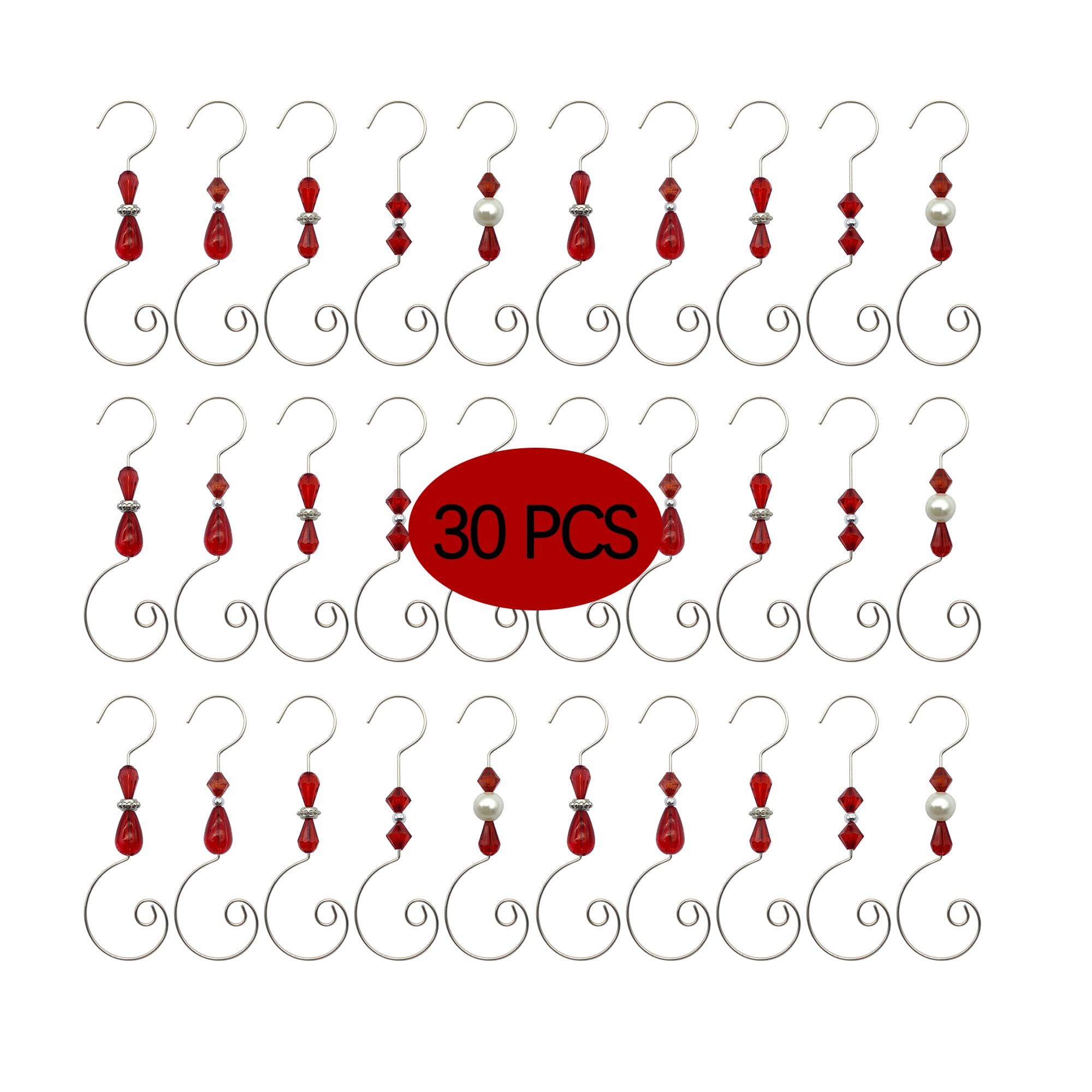 Christmas Ornament Hooks - 30 Pack Silver Wire Hooks with Acrylic Jewelry Hooks for Christmas Tree Decorations (Red) - Perfect for Holiday Decor, DIY Crafts, and Gift Wrapping