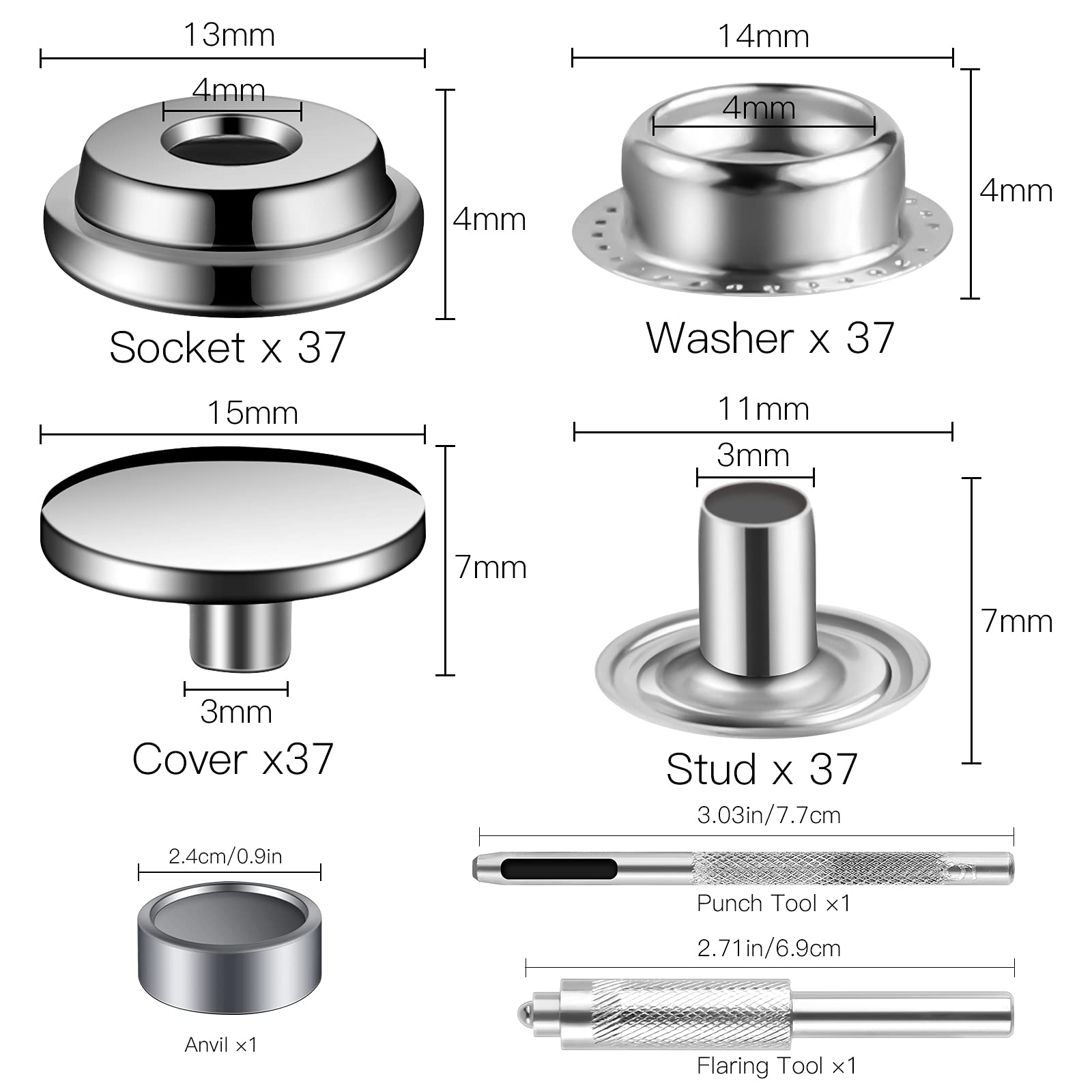 128-Piece (32 Sets) Stainless Steel Snap Fastener Kit - 5/8