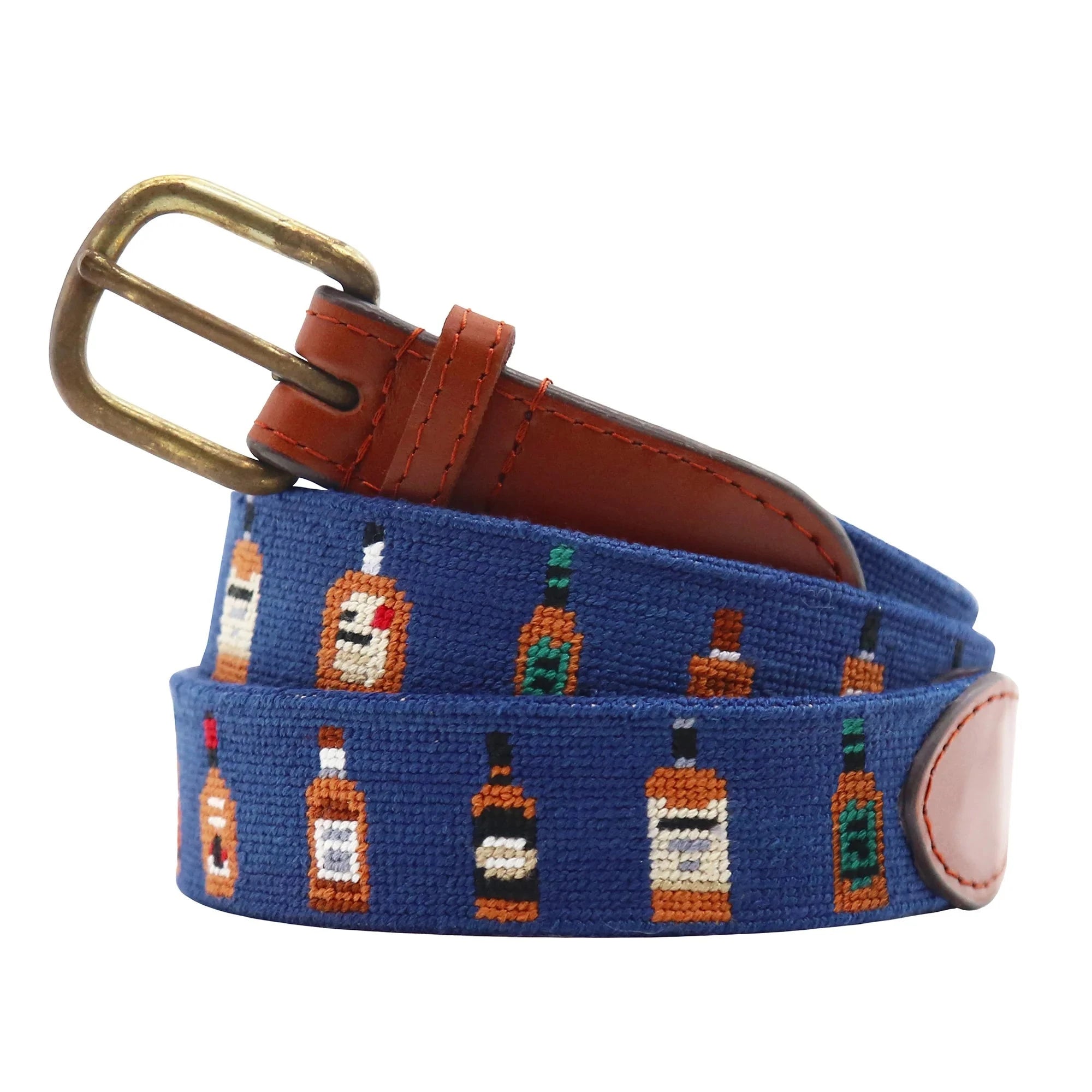 Handmade Needlepoint Belt with Bourbon Bottle Design - Navy Blue - Perfect for Casual Wear & Gifts for Whiskey Lovers