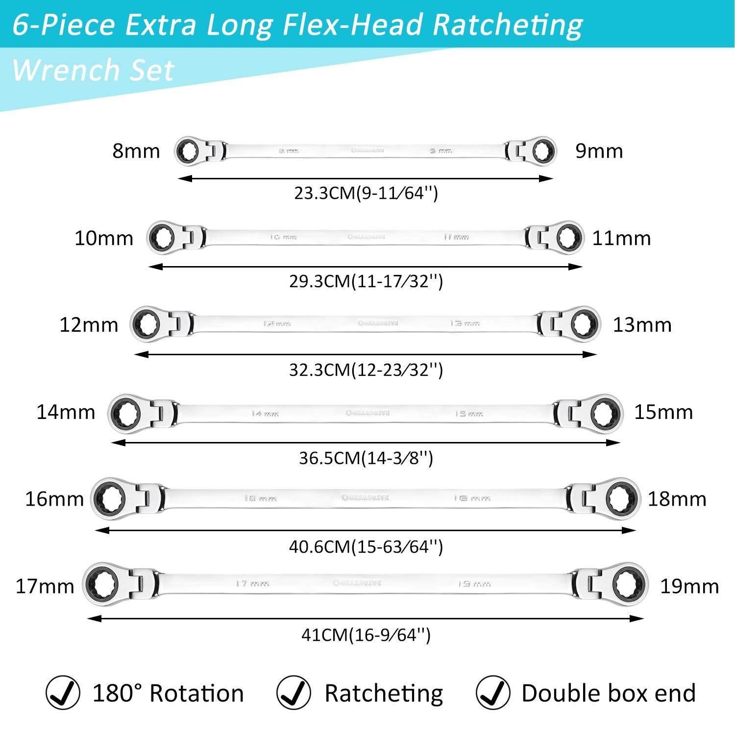 Extra Long Flex-Head Double Box End Ratcheting Wrench Set - 6-Piece Metric (8-19mm) - Chrome Vanadium Steel with Organizer Pouch - Ideal for Automotive Repair, Machinery Maintenance & Tight Spaces