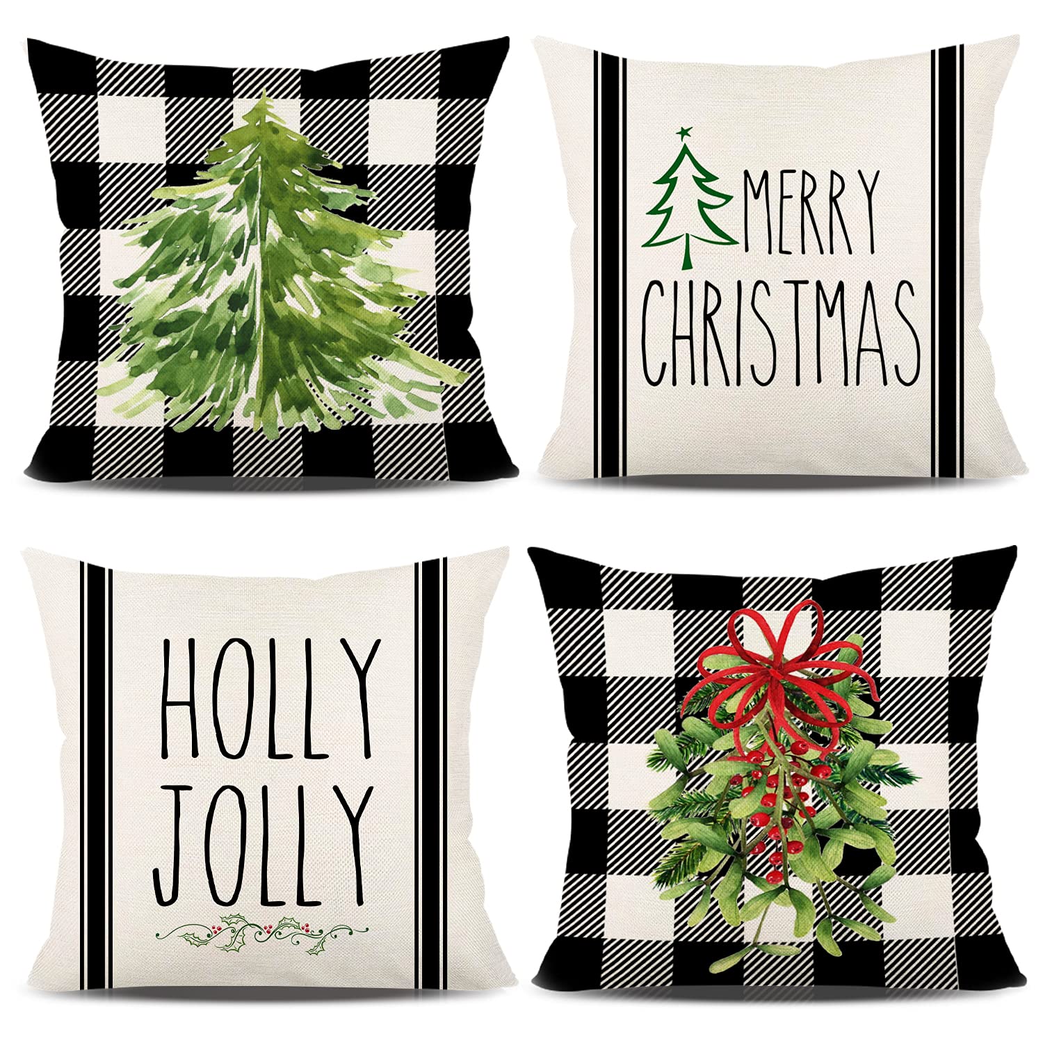 18x18 Christmas Pillow Covers Set of 4 - Buffalo Plaid Farmhouse Holiday Decor with Mistletoe & Holly Design - Rustic Winter Throw Pillow Cases for Sofa, Bed, Couch - Green and Black Seasonal Home Decor