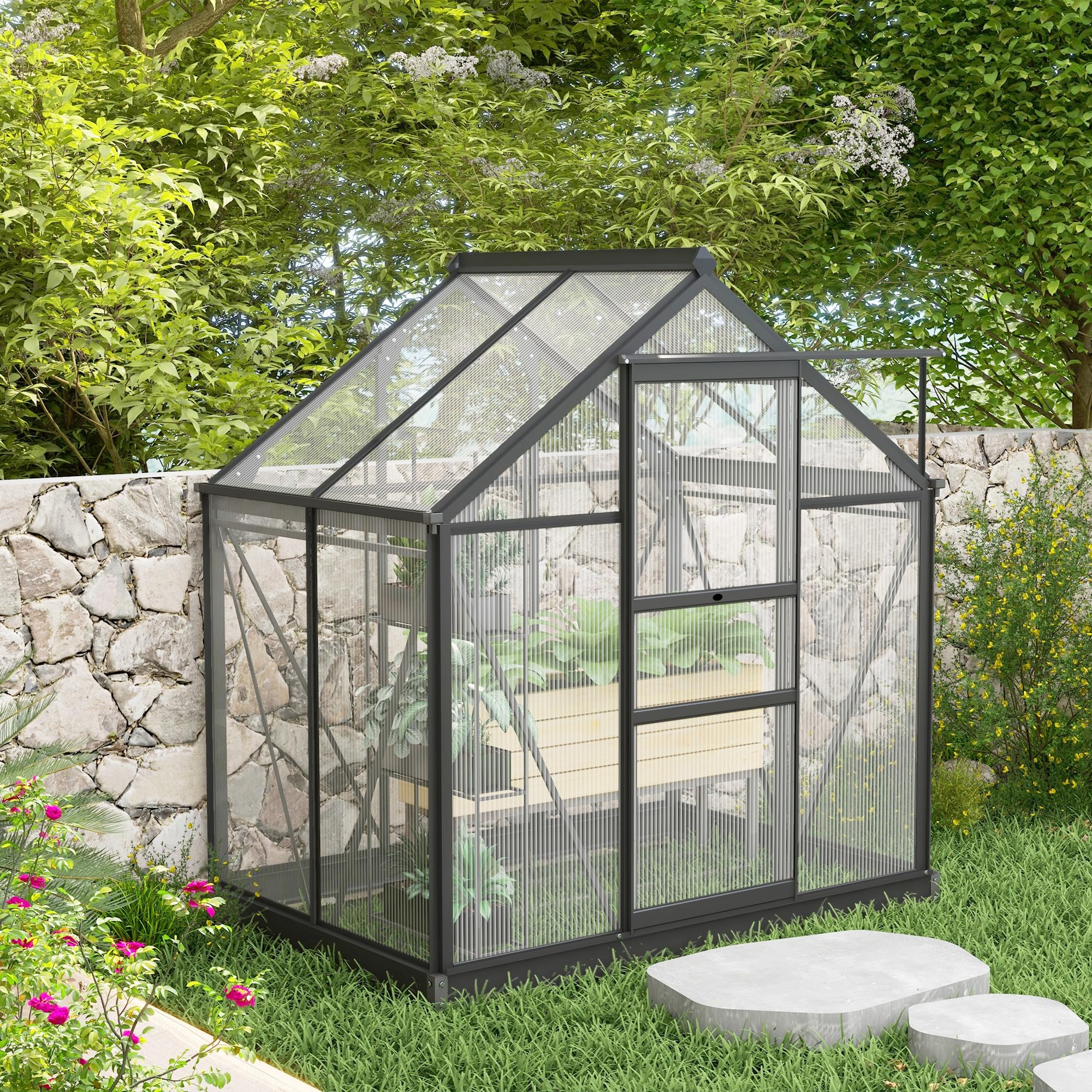 Outsunny 6x4 ft Polycarbonate Walk-in Greenhouse with Rain Gutter & Roof Vent - Durable Aluminum Frame Outdoor Garden Greenhouse for Patio, Backyard, Balcony | Perfect for Growing Vegetables, Flowers & Herbs Year-Round