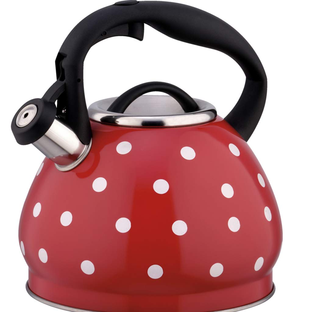 3 Liter Stainless Steel Whistling Tea Kettle with Polka Dot Design & Ergonomic Handle - Stovetop Tea Pot for Home, Kitchen, Camping & Outdoor Use - Perfect for Gas, Electric & Induction Cooktops (Red)