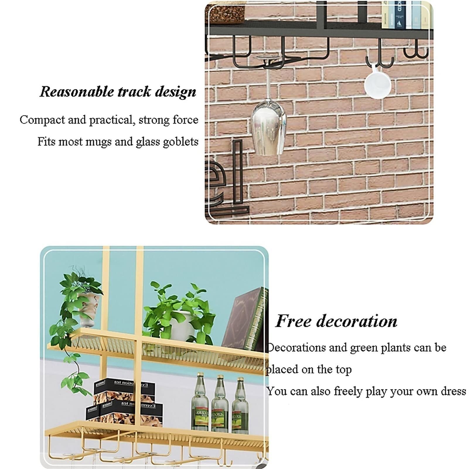 2-Tier Hanging Wine Glass Holder - Ceiling Mounted Wine Rack & Goblet Display Stand for Kitchen, Bar, Cafe - Durable Wrought Iron Floating Shelves - Perfect for Wine Storage, Cake Shop Decor & Space Saving Organization