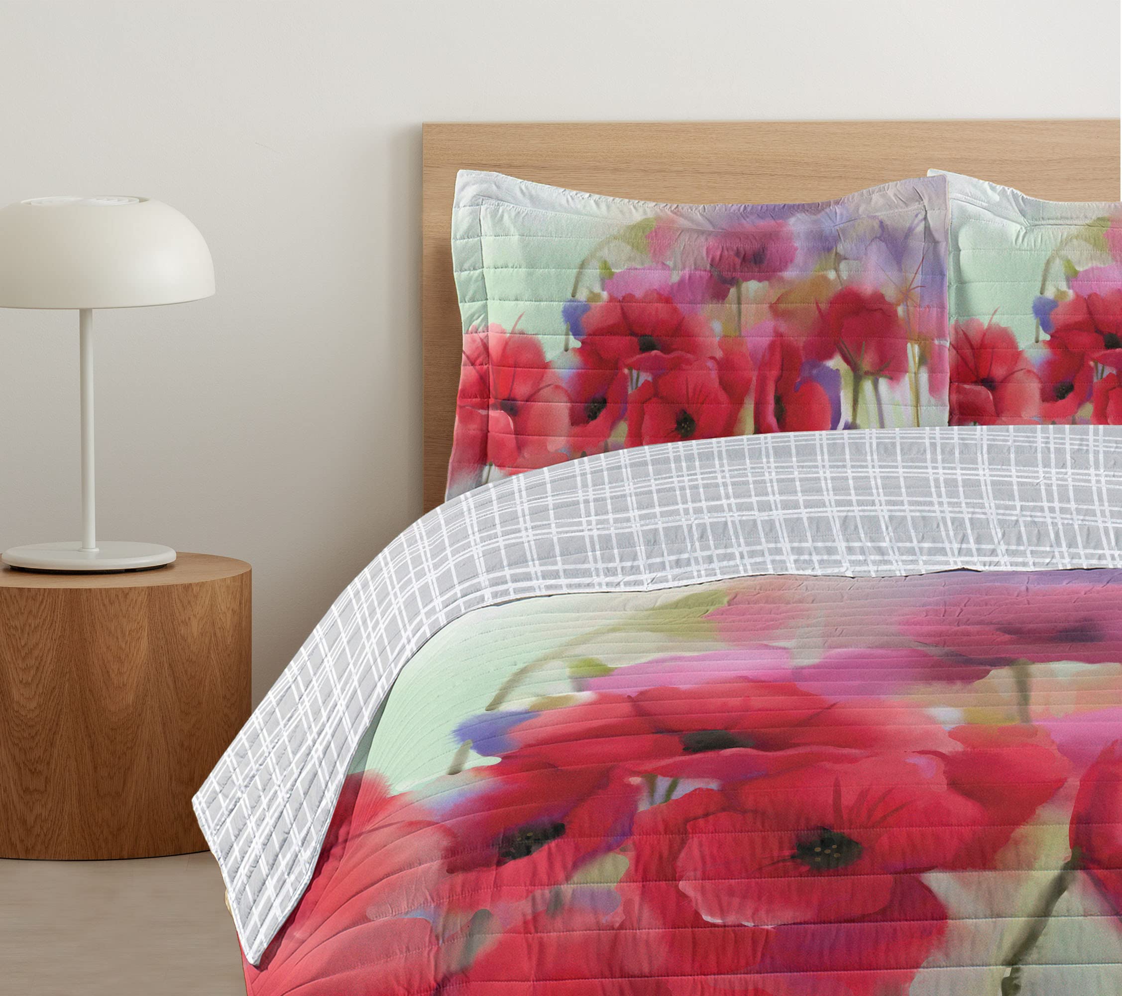 Ambesonne Reversible King Size Bedspread Set - Poppy Flowers Spring Floral Print Microfiber Comforter with Pillow Shams (Lavender Red) | Romantic Bedroom Decor, Seasonal Home Upgrade