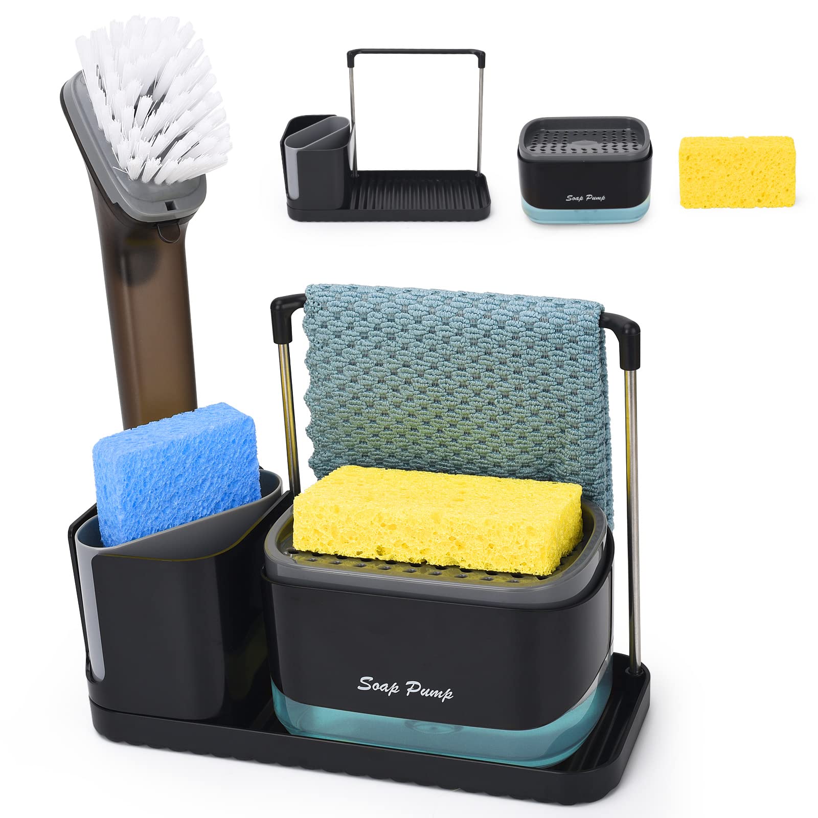 Kitchen Soap Dispenser Set with Tray & Sponge Holder - Sink Caddy Organizer with Dishcloth & Dish Brush Holder - Countertop Storage Solution for Kitchen Organization - Perfect for Small Spaces & Modern Kitchens