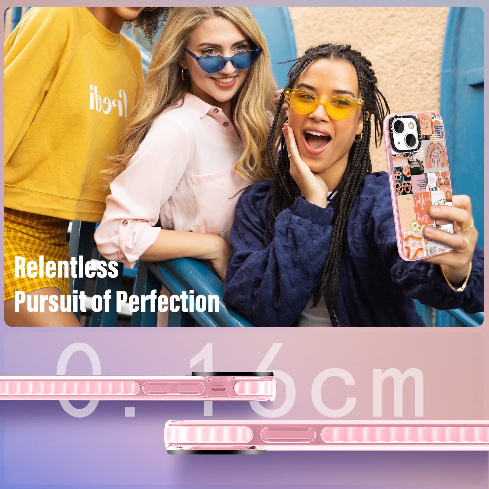 2 in 1 iPhone 14 Plus Case with Ring Holder - Trendy Aesthetic Collage Design, Soft TPU Bumper Cover for Women & Girls, Cute Quotes & Good Vibes Art (6.7