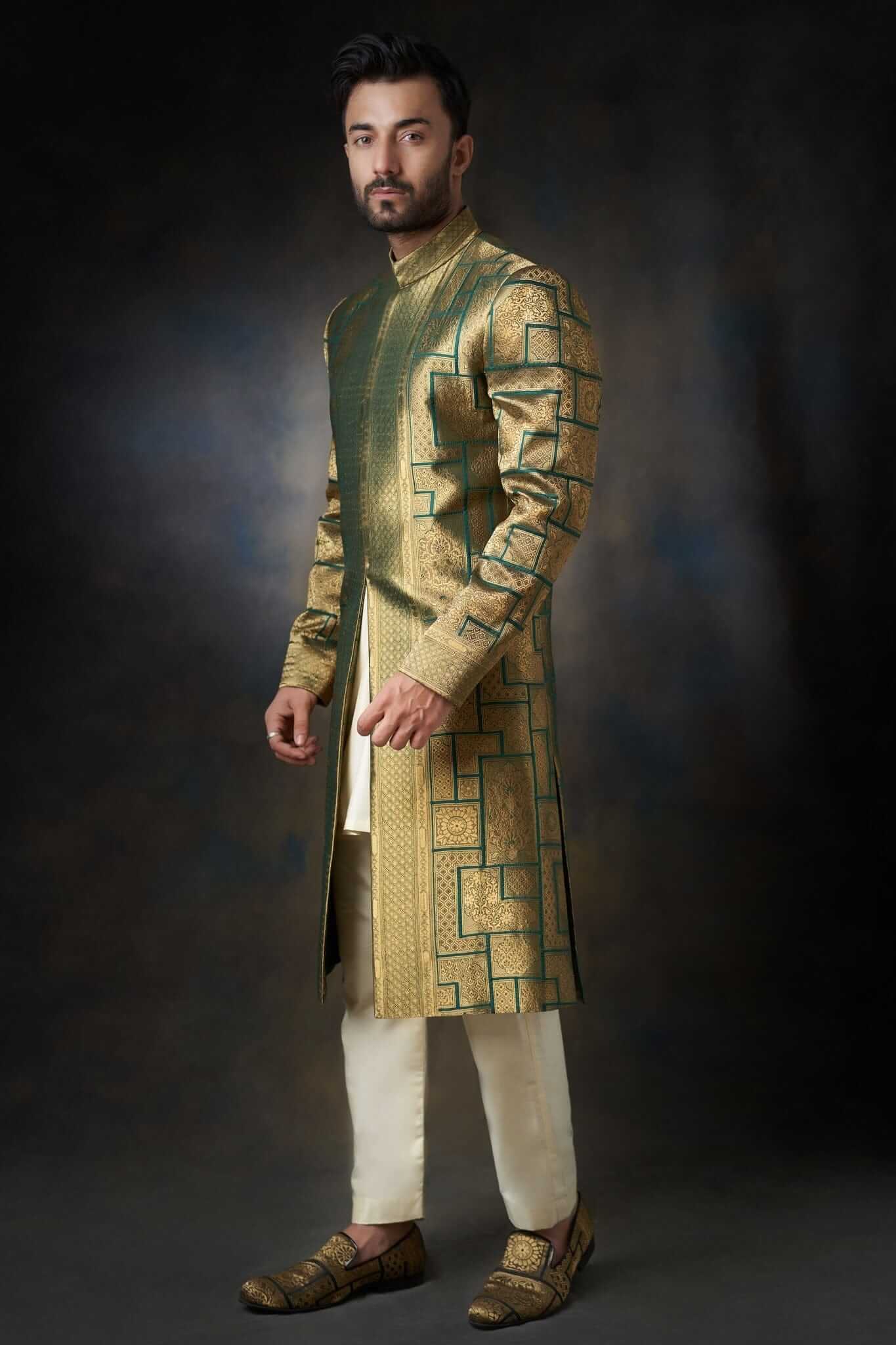 Handcrafted Emerald Green Sherwani with Velvet Shawl - Premium Silk & Zari Embroidery for Weddings, Festivals & Special Occasions
