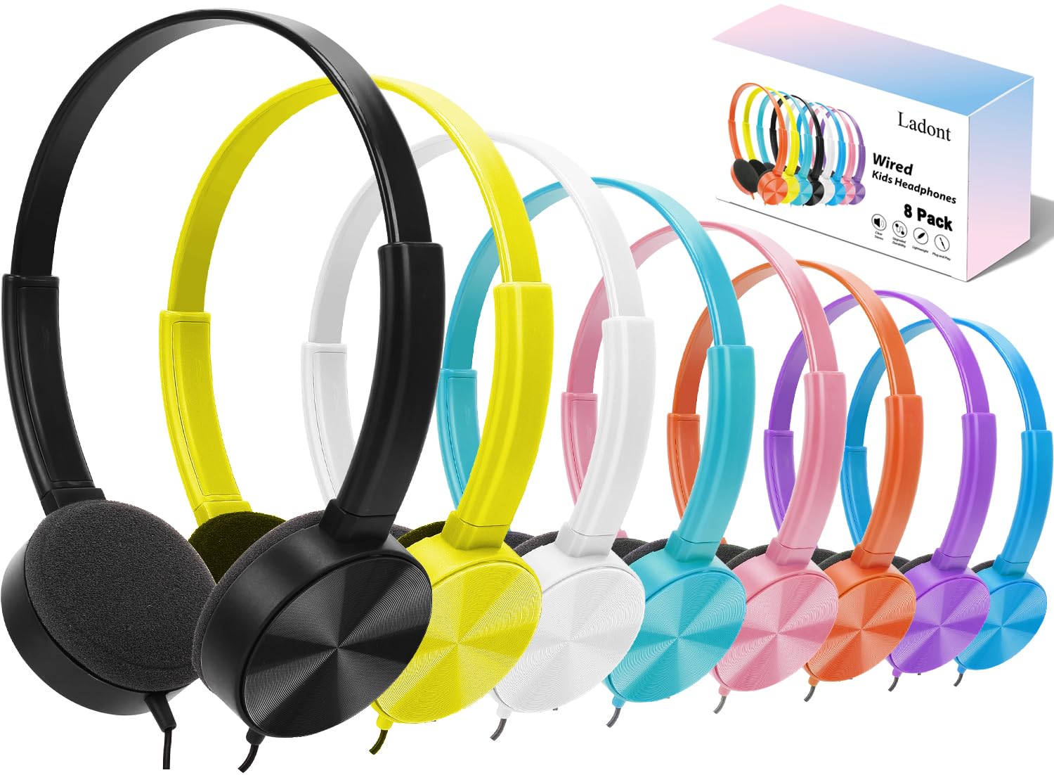 8 Pack Kids Headphones Bulk for Classroom - Durable School Headphones for Students, Children & Teens - 8 Mixed Colors - Perfect for Classroom Learning, Online School & Homeschooling