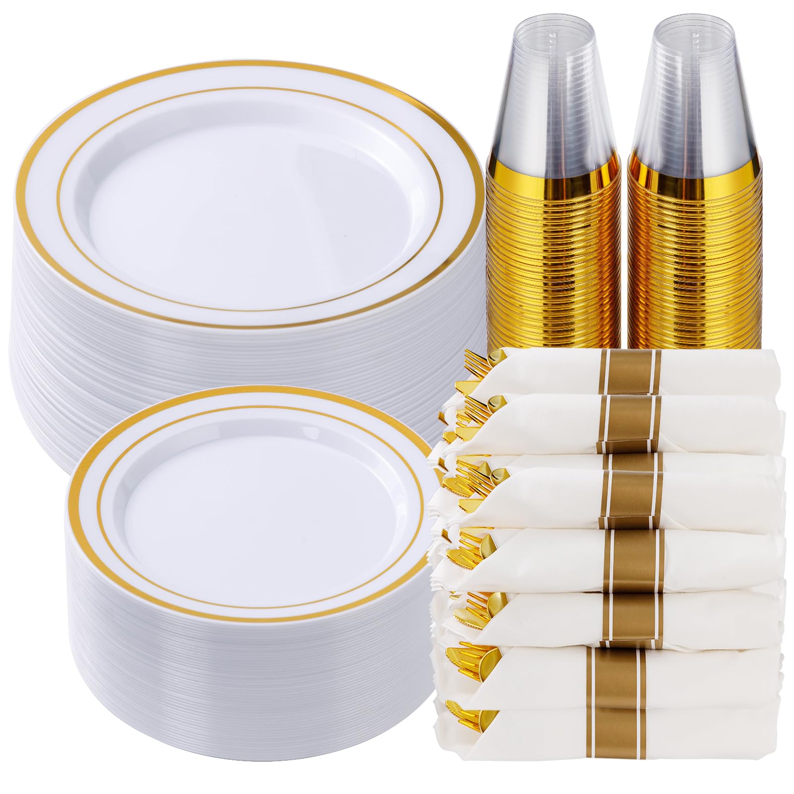 Goodluck 350-Piece Gold Plastic Dinnerware Set for 50 Guests - Elegant Disposable Plates, Cups & Silverware for Parties, Weddings & Events | Includes 50 Dinner Plates, 50 Dessert Plates, 50 Pre-Rolled Napkins & 50 Cups