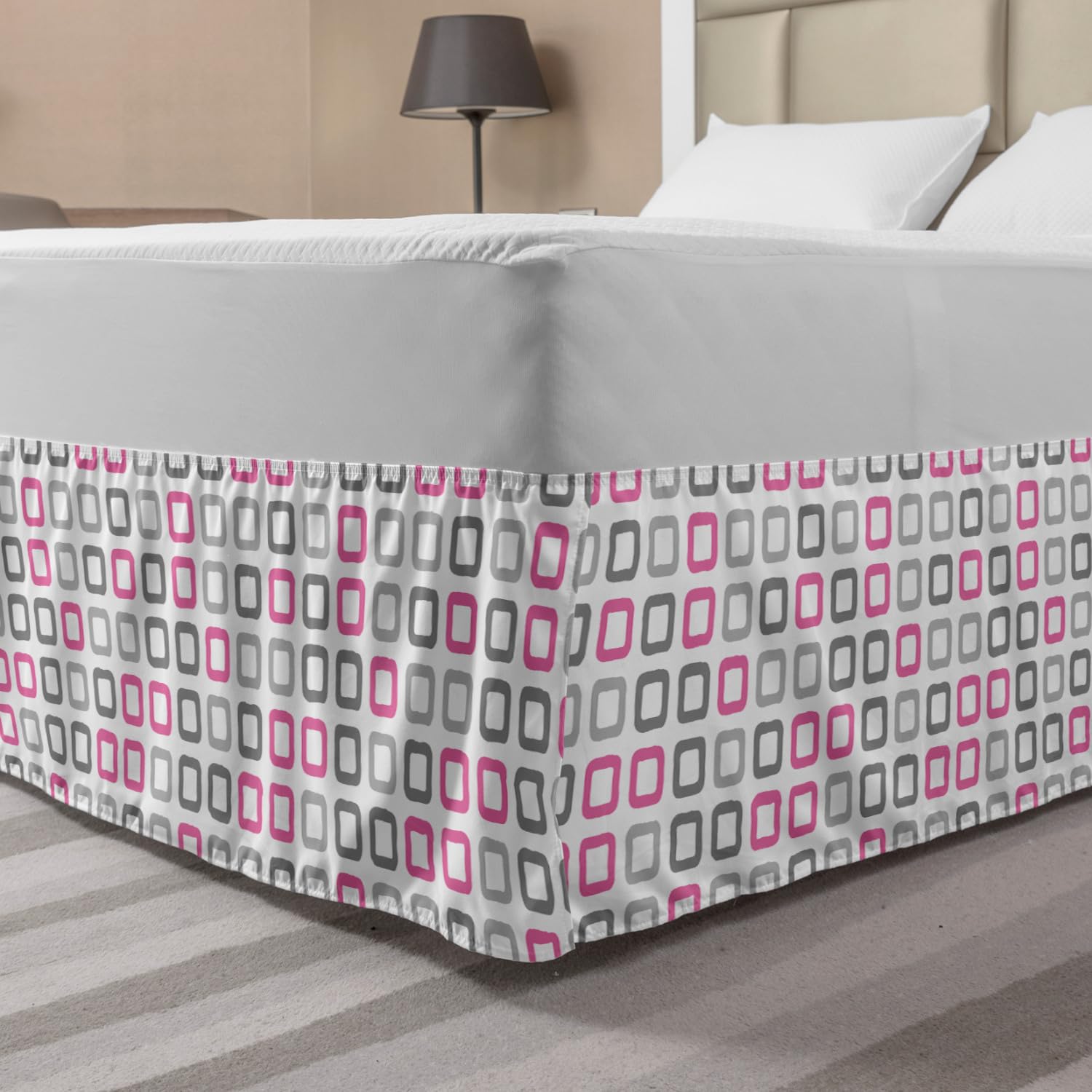 Ambesonne Geometric Bed Skirt - Vintage Square Frame Design in Pink White & Grey | Elastic Wrap Around Gathered Queen Size | Perfect for Bedroom Decor & Guest Room Styling