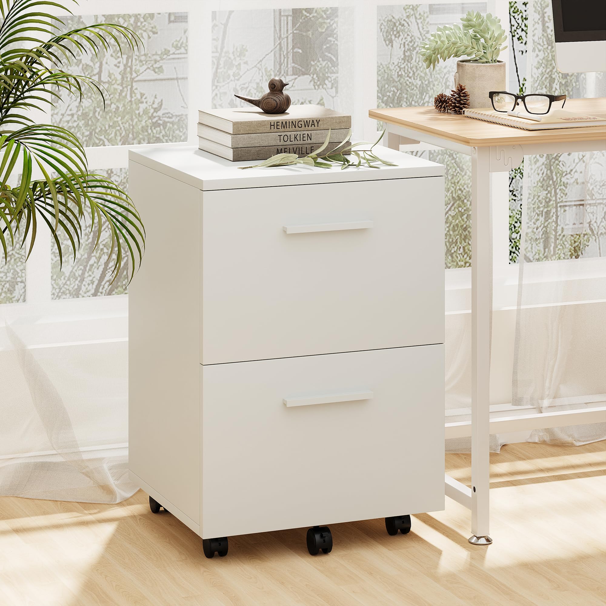 VICLLAX 2-Drawer Rolling File Cabinet with Wheels - White Wooden Mobile Storage Organizer for Home Office, Under Desk Filing Cabinet - Perfect for Document Storage & Workspace Organization