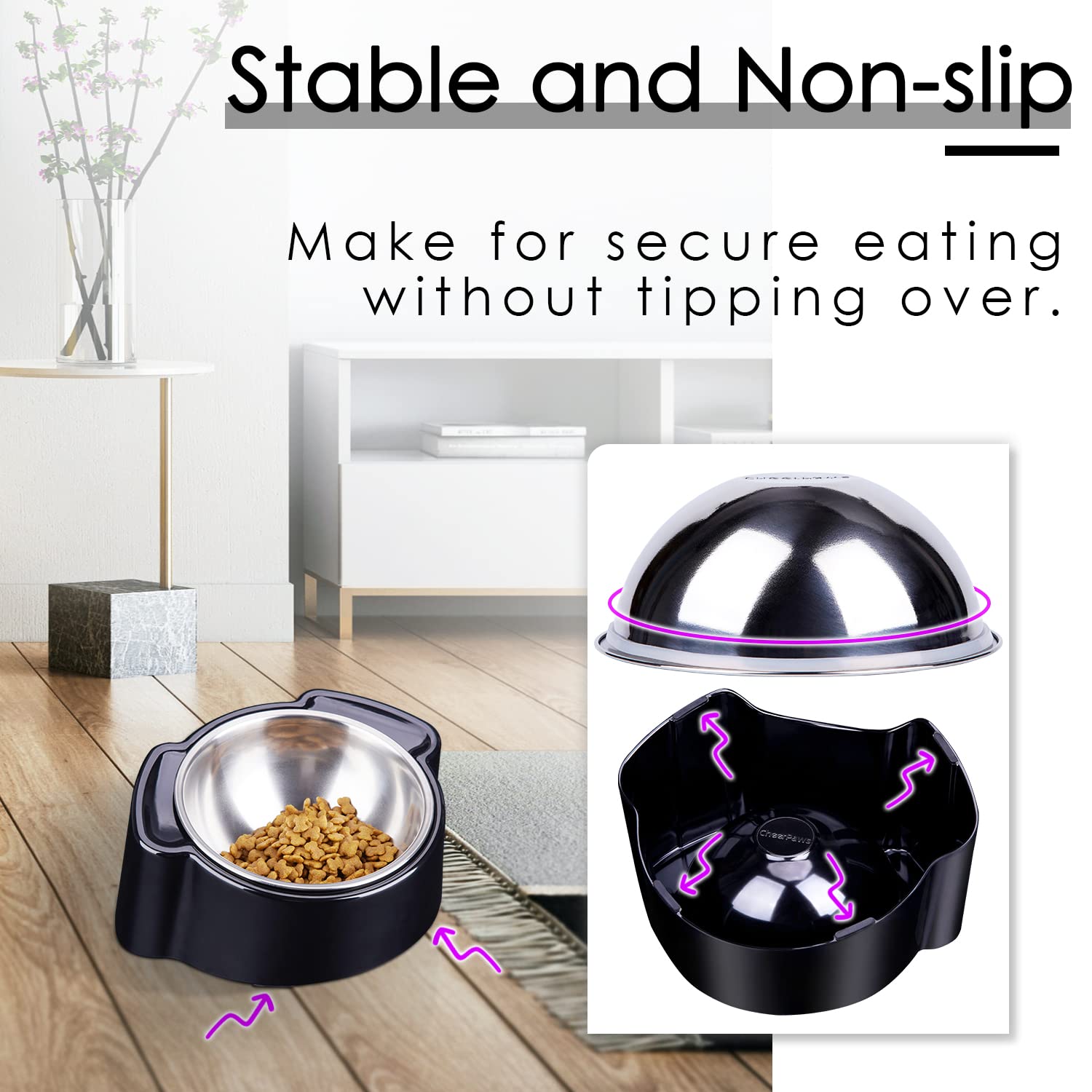 15° Slanted Stainless Steel Elevated Dog Bowl - Spill Proof Tilted Pet Food Dish for Small Dogs & French Bulldogs - Perfect for Messy Eaters & Pets with Neck Pain (Black) - Ideal for Home, Travel & Outdoor Use