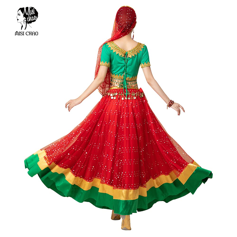 MISI CHAO Women's Belly Dance Costume - Elegant Bollywood Chiffon Dress with Head Veil for Halloween, Parties & Performances | Perfect for Dance Shows, Themed Events & Cosplay