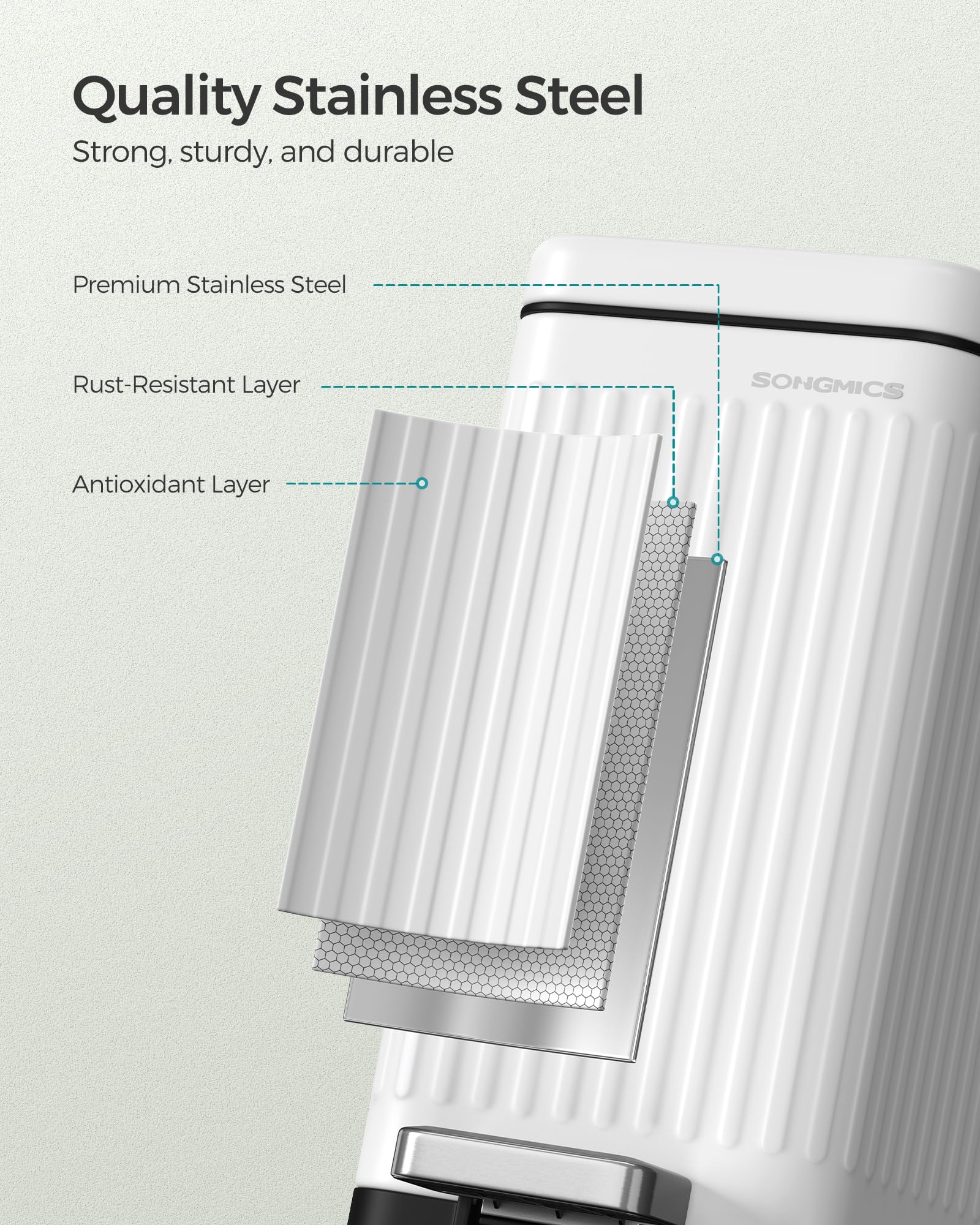 SONGMICS 2.6-Gallon Slim Stainless Steel Bathroom Trash Can with Soft-Close Lid - White ULTB562W01 - Perfect for Small Spaces, Toilets, and Compact Bathrooms