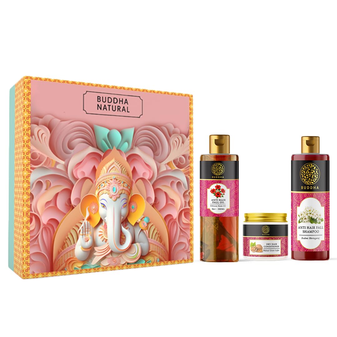 Buddha Natural Hair Care Gift Box - Mighty Ganesha Ayurvedic Hair Growth Kit (Nourishing Hair Oil, Strengthening Shampoo, Hydrating Conditioner) - Diwali Gift Pack for Women & Men - Reduces Hair Fall & Promotes Healthy Growth - Perfect for Daily Hair Care Routine & Festive Gifting