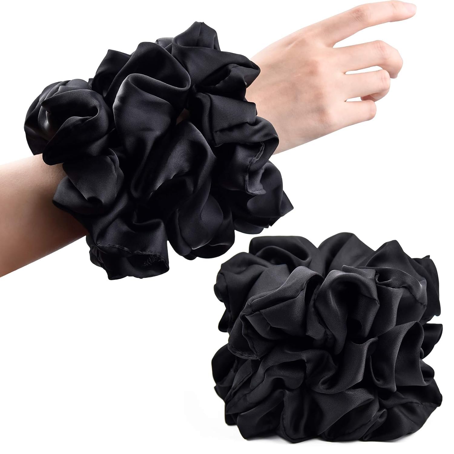 BAKEFY 6-Pack Black Satin Silk Hair Scrunchies - Soft No Damage Hair Ties for Women & Girls, Elastic Ponytail Holders for Sleep, Workout, and Everyday Use