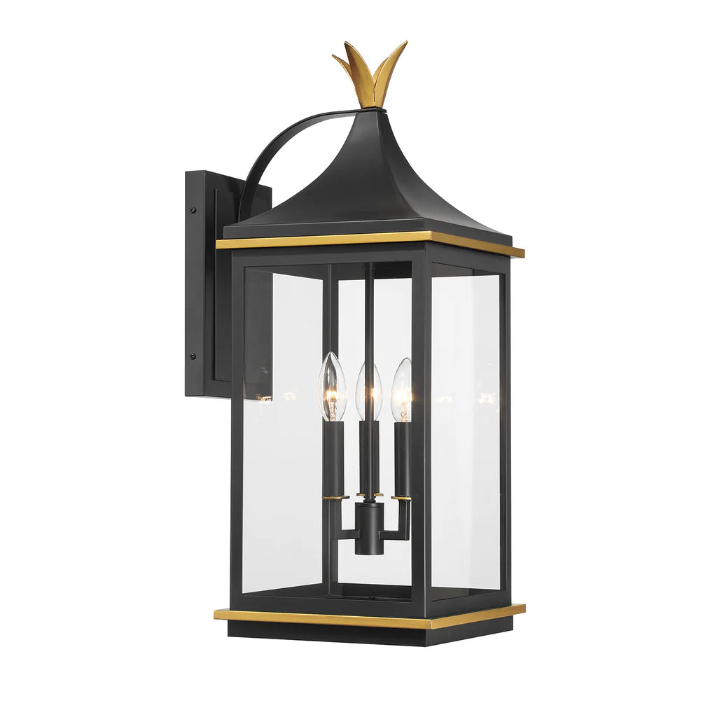 Simpson 3-Light Outdoor Wall Sconce - 10x25 Inch Stainless Steel & Glass Matte Black Fixture with Textured Gold Finish - 120V E12 Candelabra Base LED Compatible - Perfect for Patio Lighting, Garden Decor & Exterior Wall Illumination