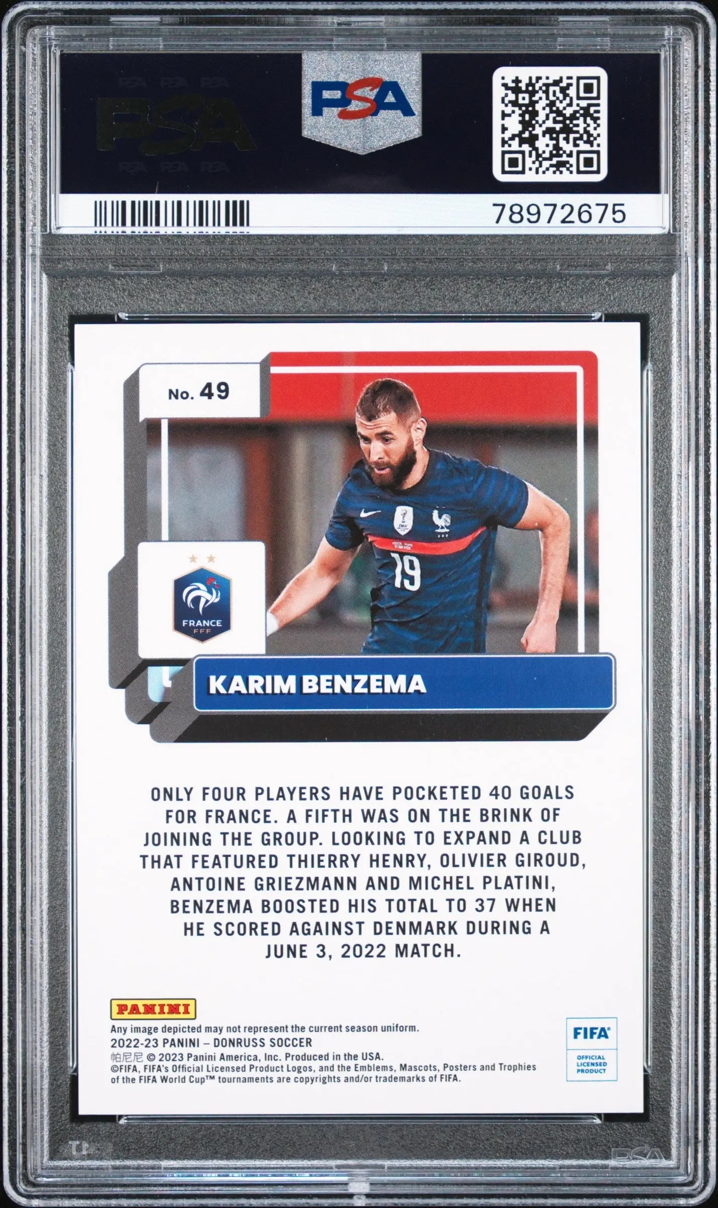 2022 Panini Donruss FIFA Karim Benzema Purple PSA 10 /99 Rare Soccer Trading Card - Perfect for Collectors, Fans & Sports Memorabilia Enthusiasts