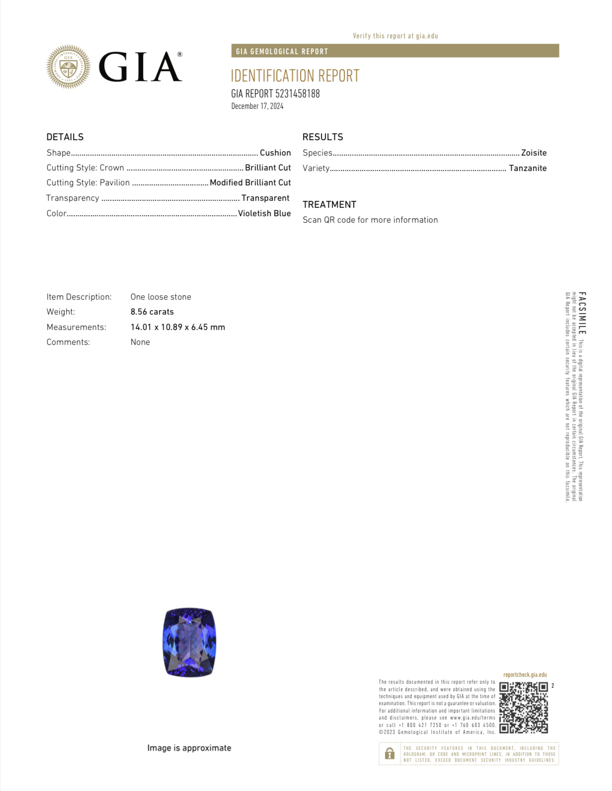 8.56 Carat GIA Certified Natural Violetish Blue Tanzanite Loose Gemstone - 14x11mm Cushion Cut for Jewelry Making, Engagement Rings & Collector's Pieces