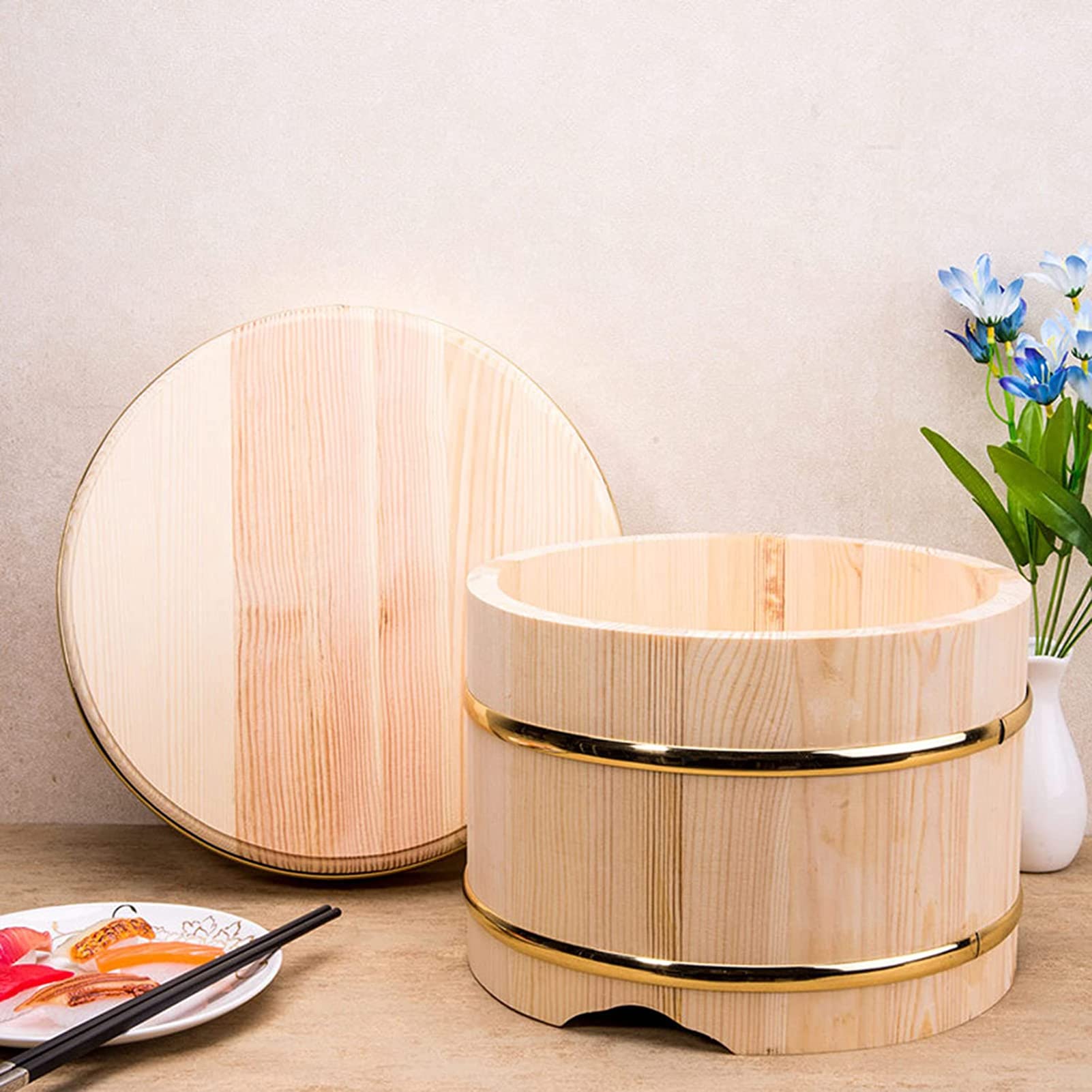 Wooden Sushi Rice Bowl with Lid - Copper Edge Sushi Oke Rice Mixing Tub - Premium Sushi Making Accessory for Restaurants & Home Kitchens - Large Size for Perfect Sushi Rice Preparation - Ideal for Sushi Parties, Japanese Cuisine & Asian Cooking